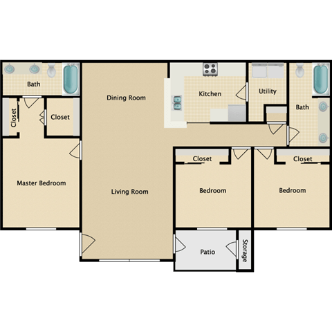 3 bedroom, 2 bathroom