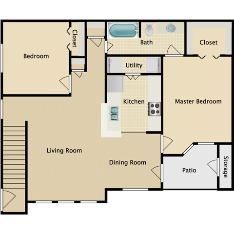 2 bedroom, 1 bathroom