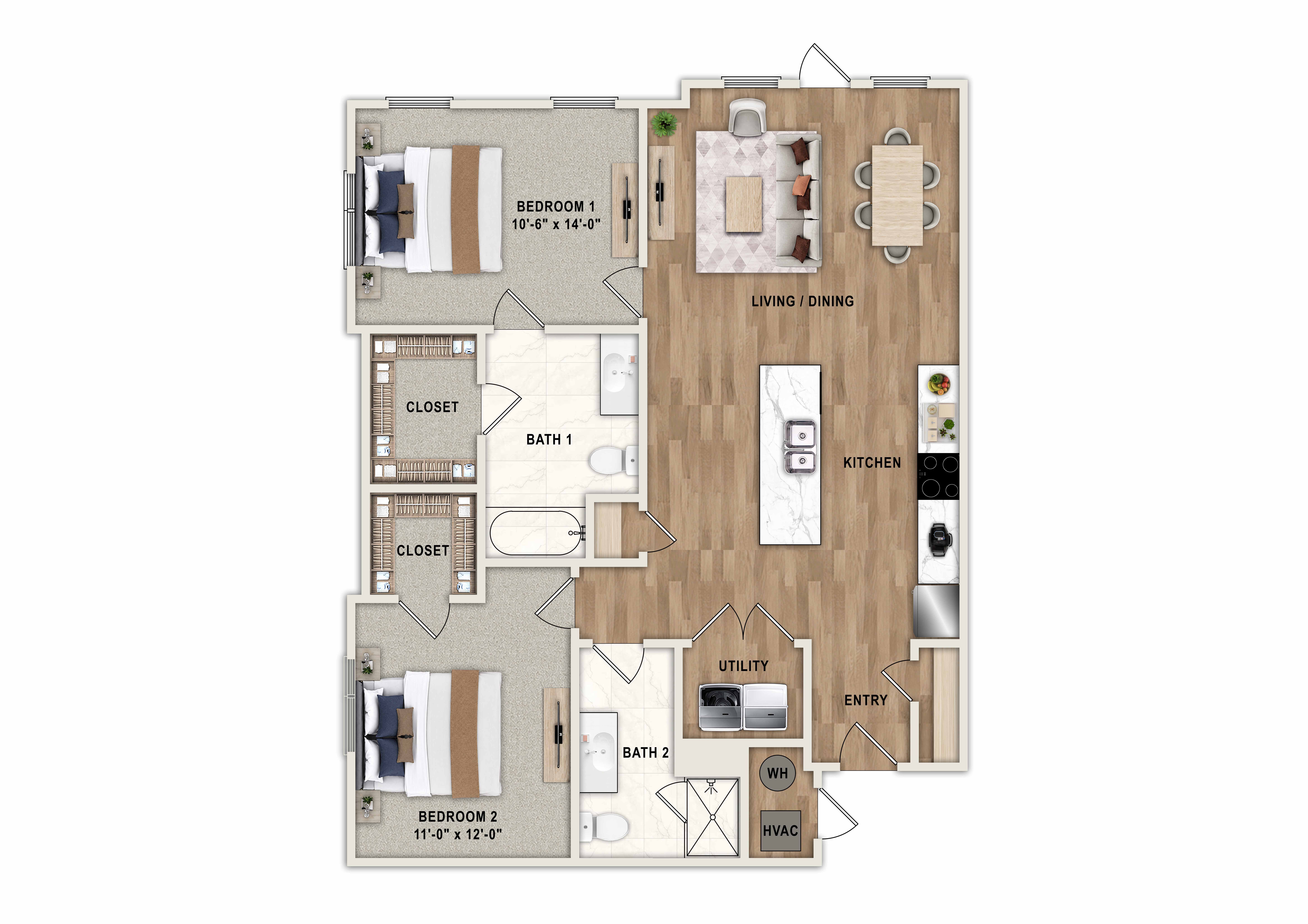 A floor plan of a small apartment with two bedrooms, a kitchen, a living room, and two bathrooms.