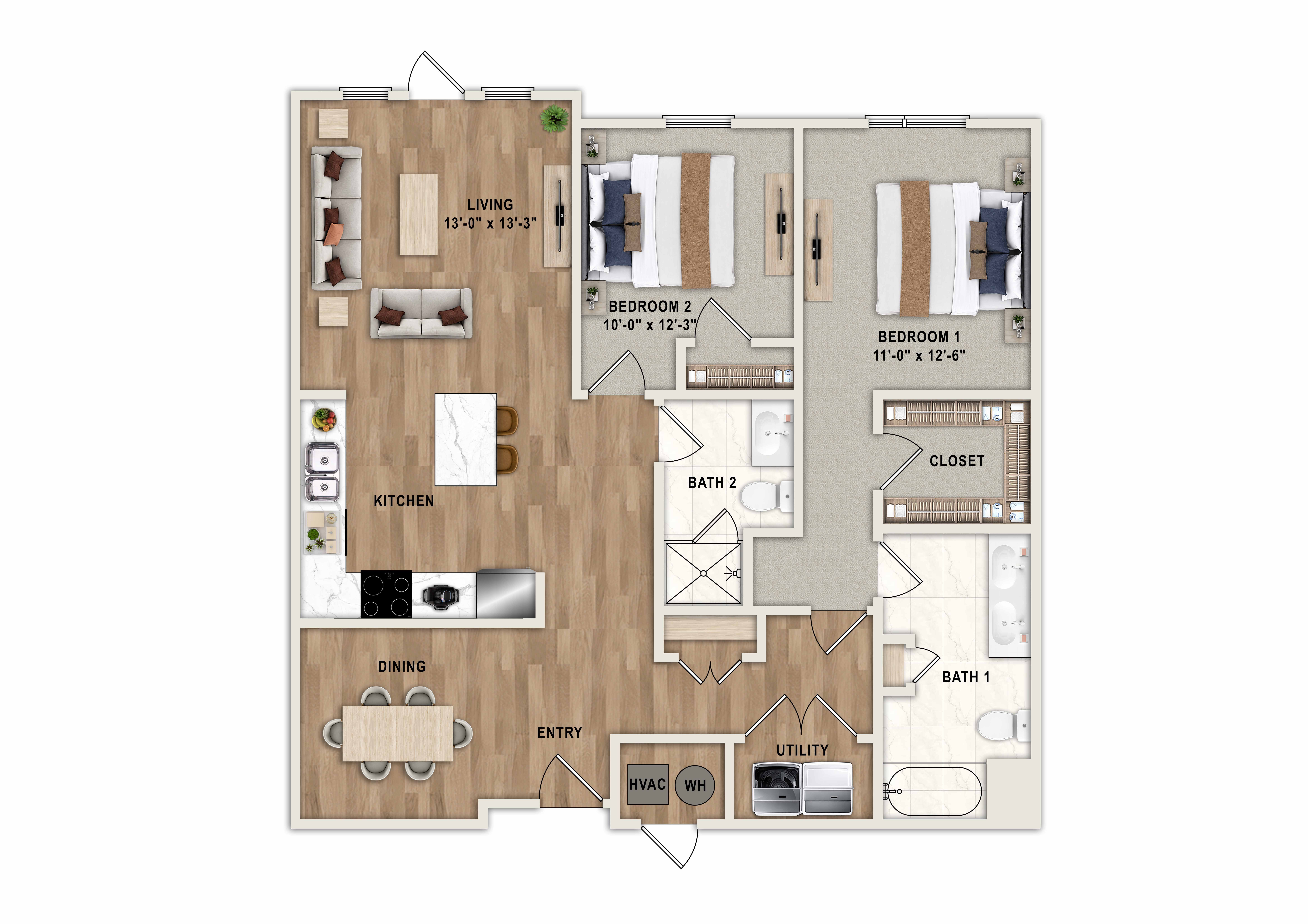 A floor plan of a house with three bedrooms, a living room, a kitchen, a dining room, a bathroom, a utility room, and a closet.