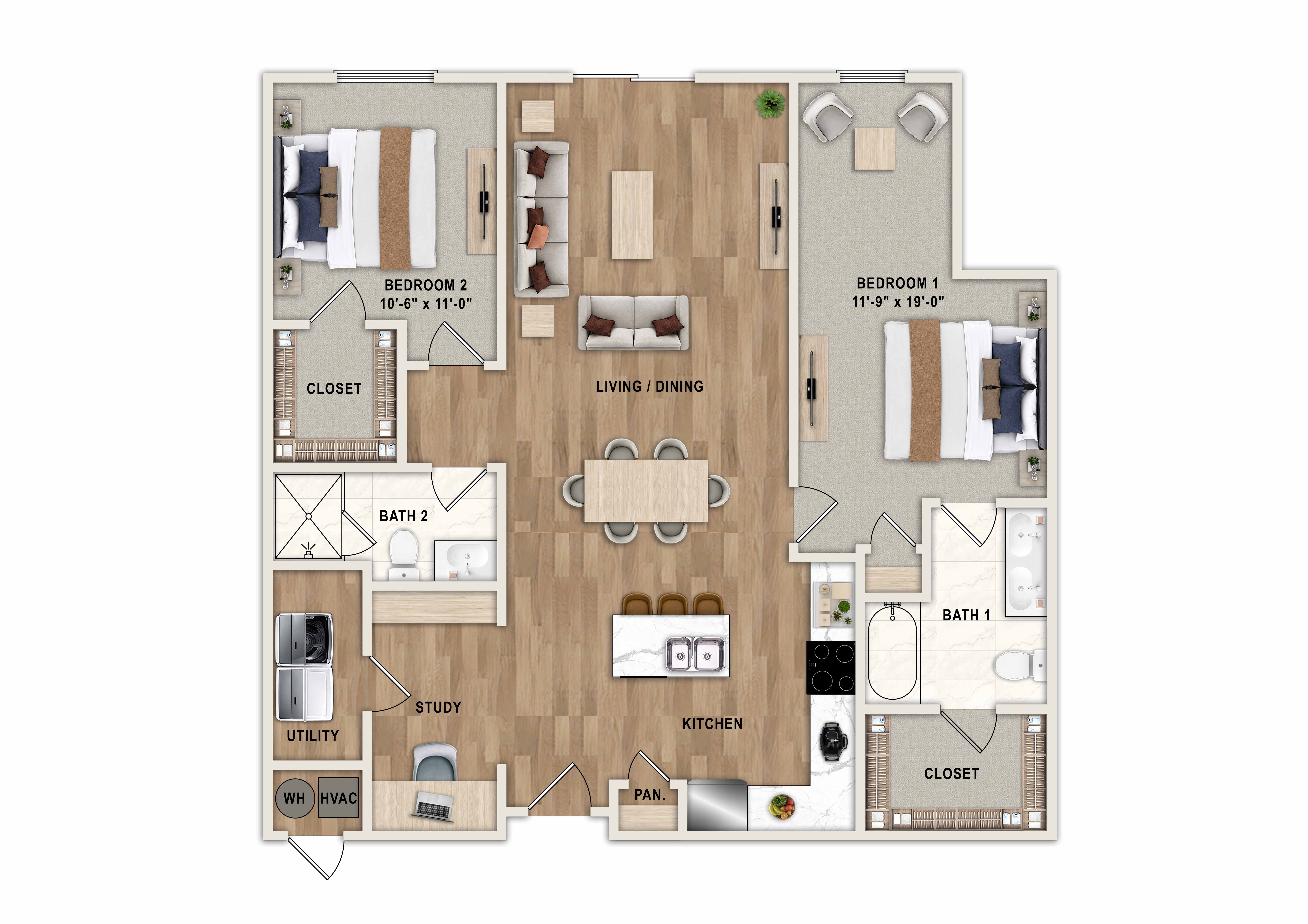 A floor plan of a house with two bedrooms, a study, a kitchen, a bathroom, a utility area, and a living room.