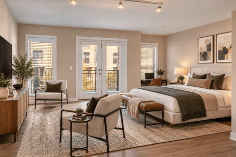 A bedroom with a large bed and a chair in front of a window.