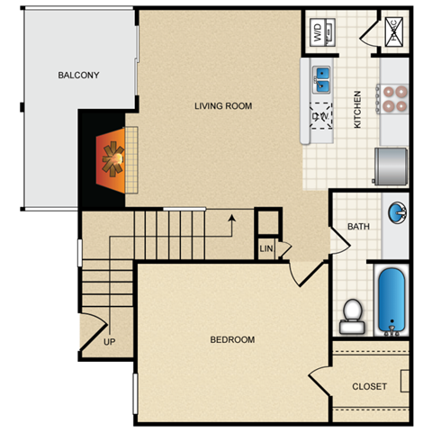A floor plan of a house with a bedroom, bathroom, living room, and balcony.