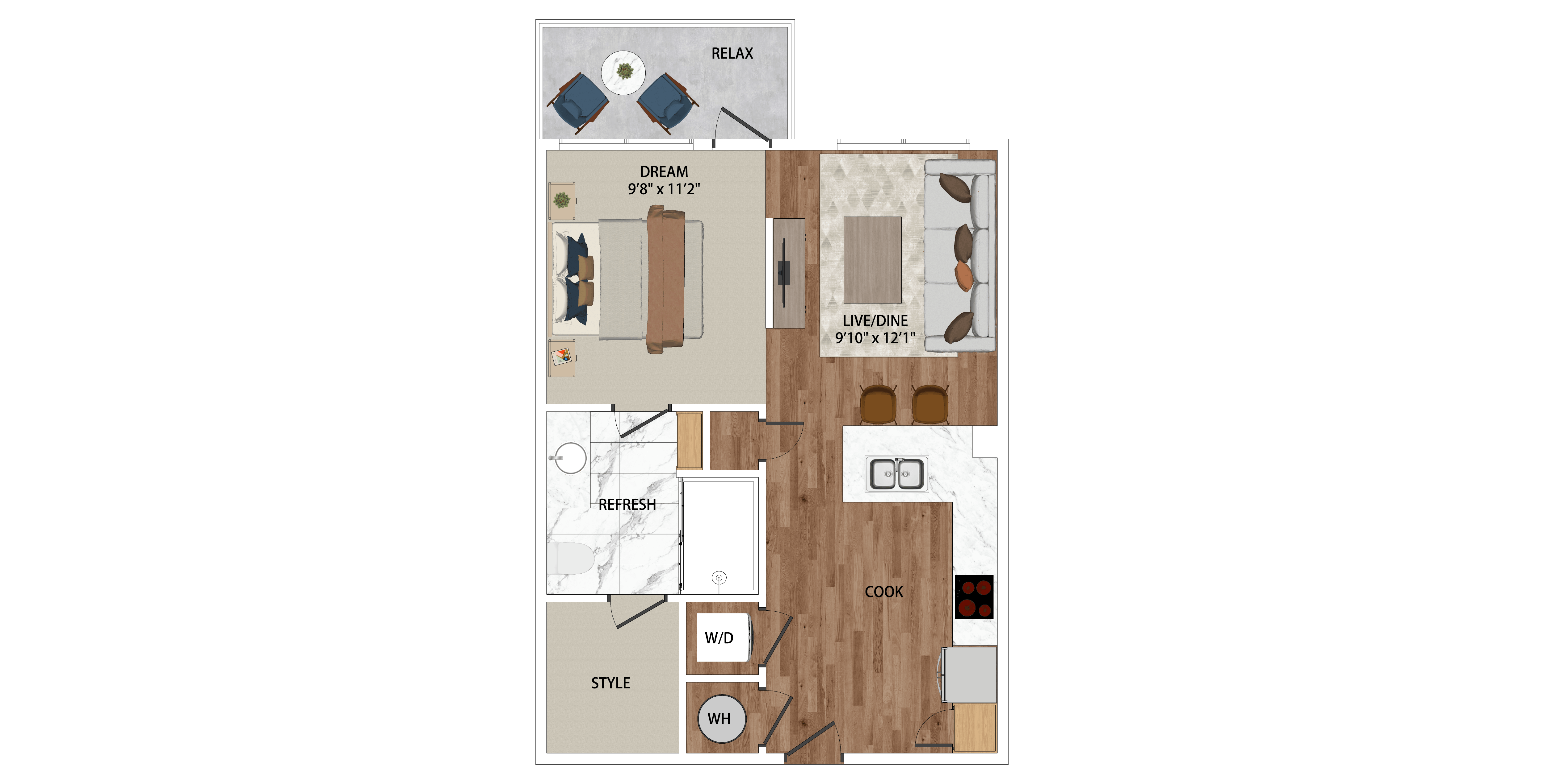 A floor plan of a small apartment with a kitchen, living room, and bathroom.