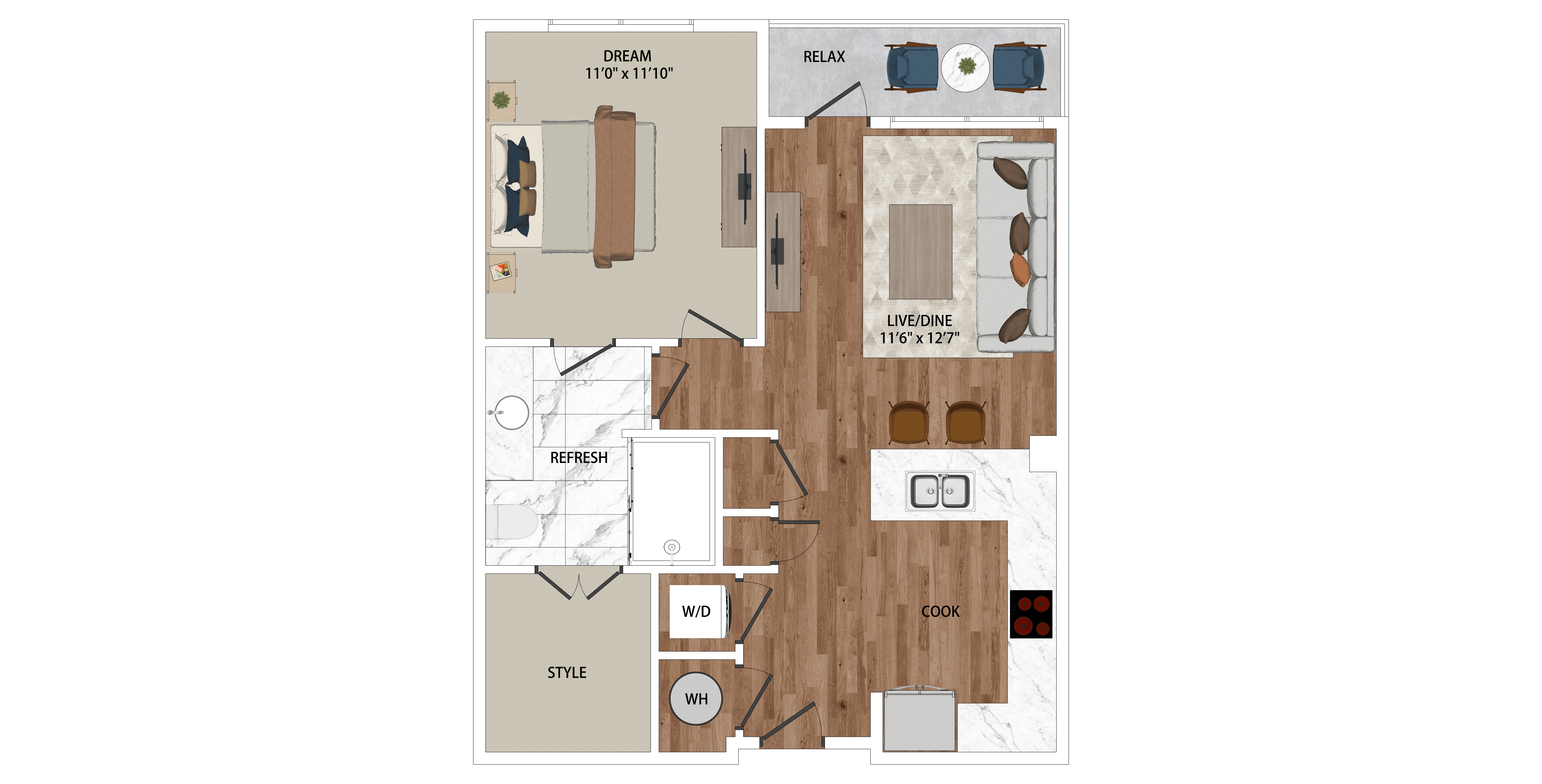 A floor plan of a house with a living room, kitchen, and bathroom.