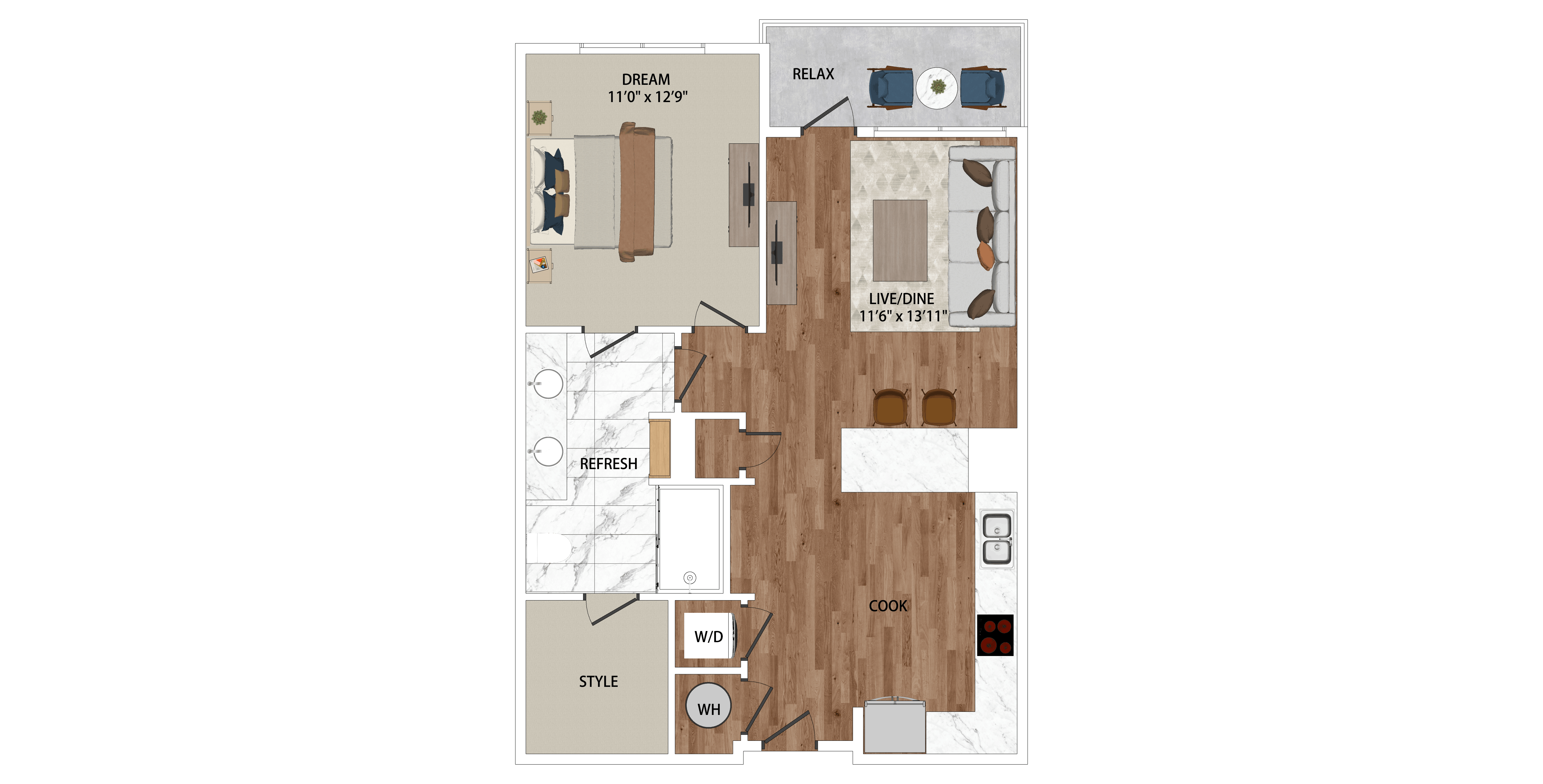 A floor plan of a house with a living room, kitchen, and bathroom.
