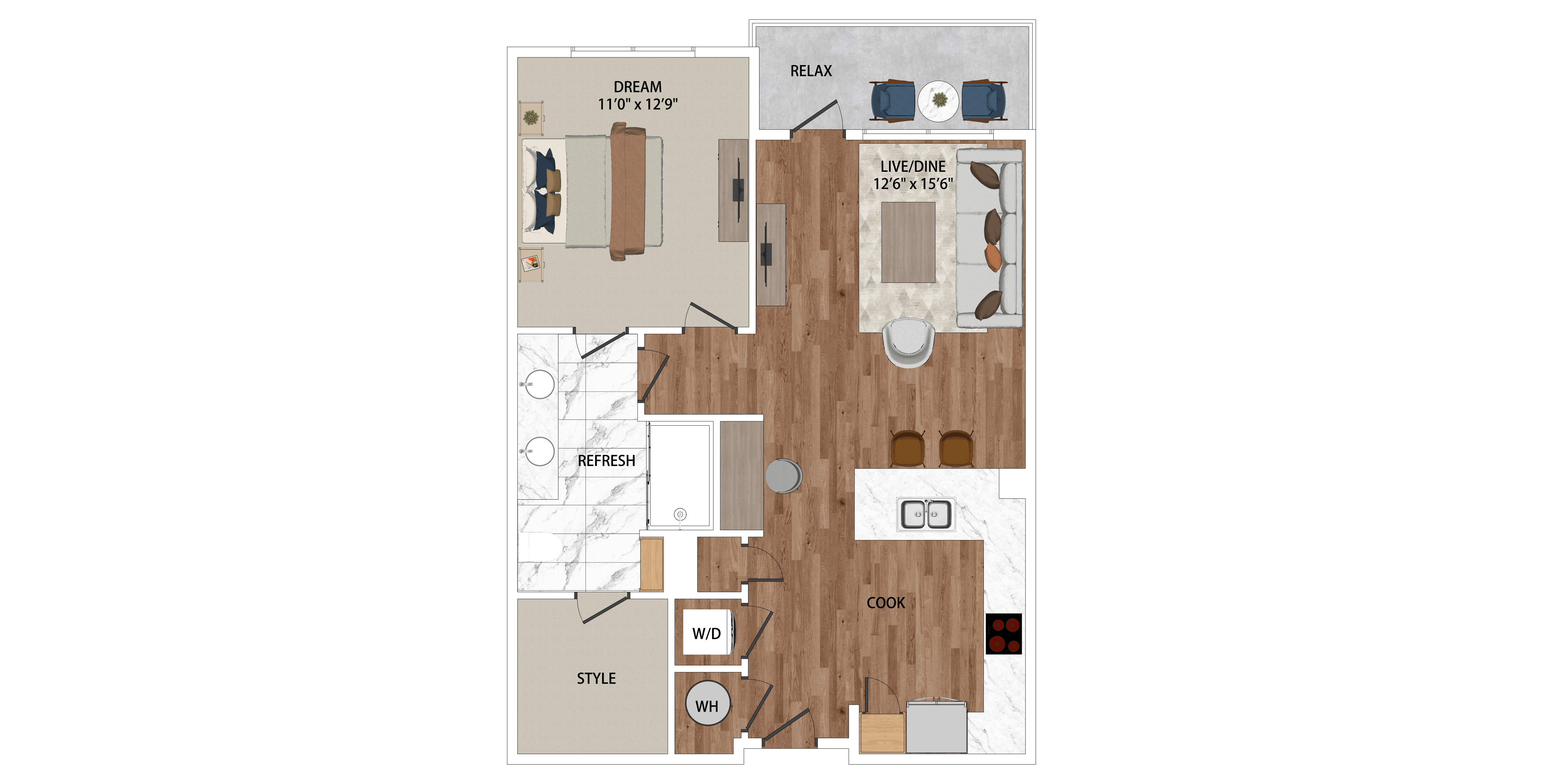 A floor plan of a house with a living room, dining room, kitchen, and bathroom.