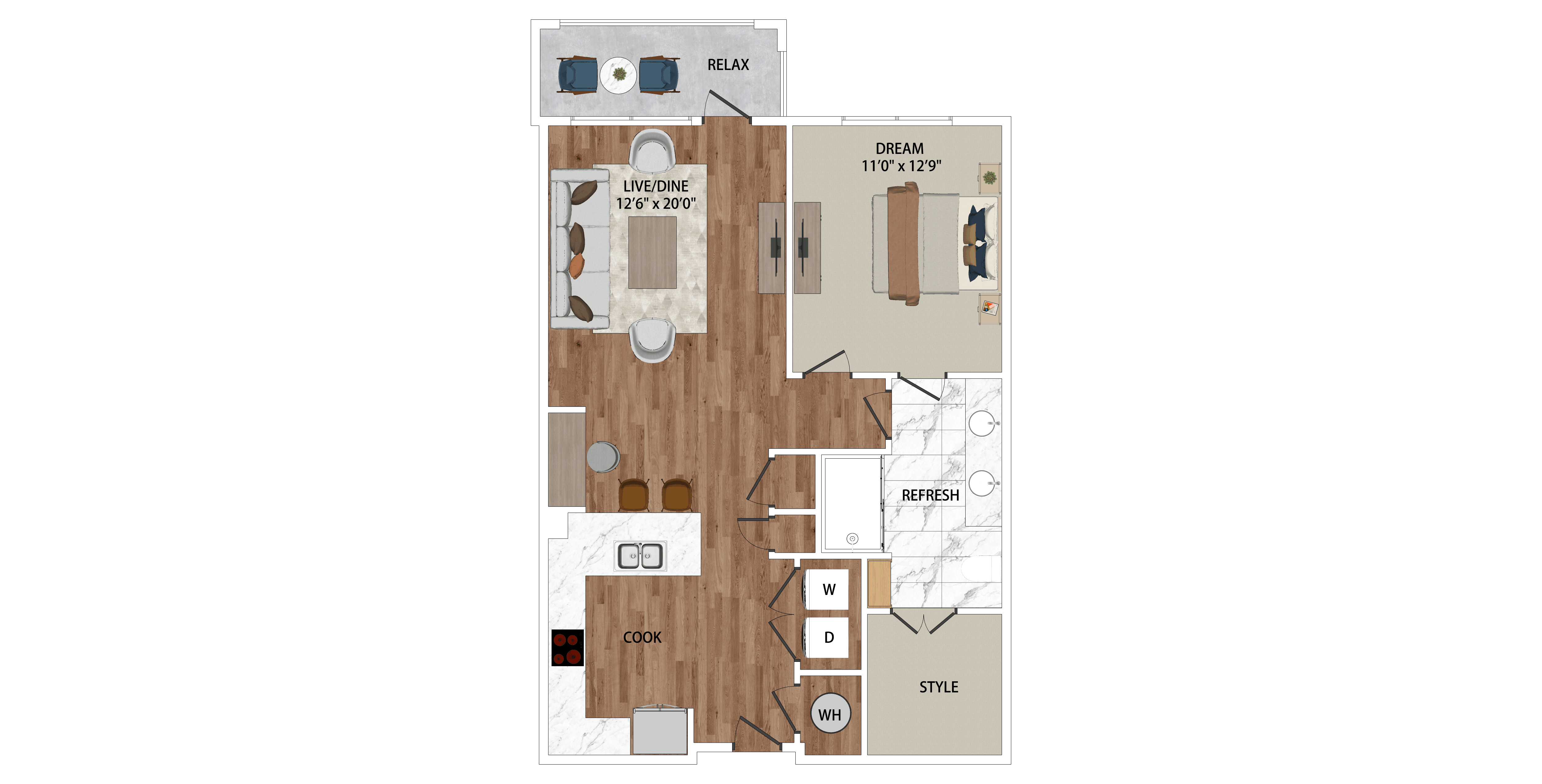 A floor plan of a house with a living room, dining room, kitchen, and bathrooms.