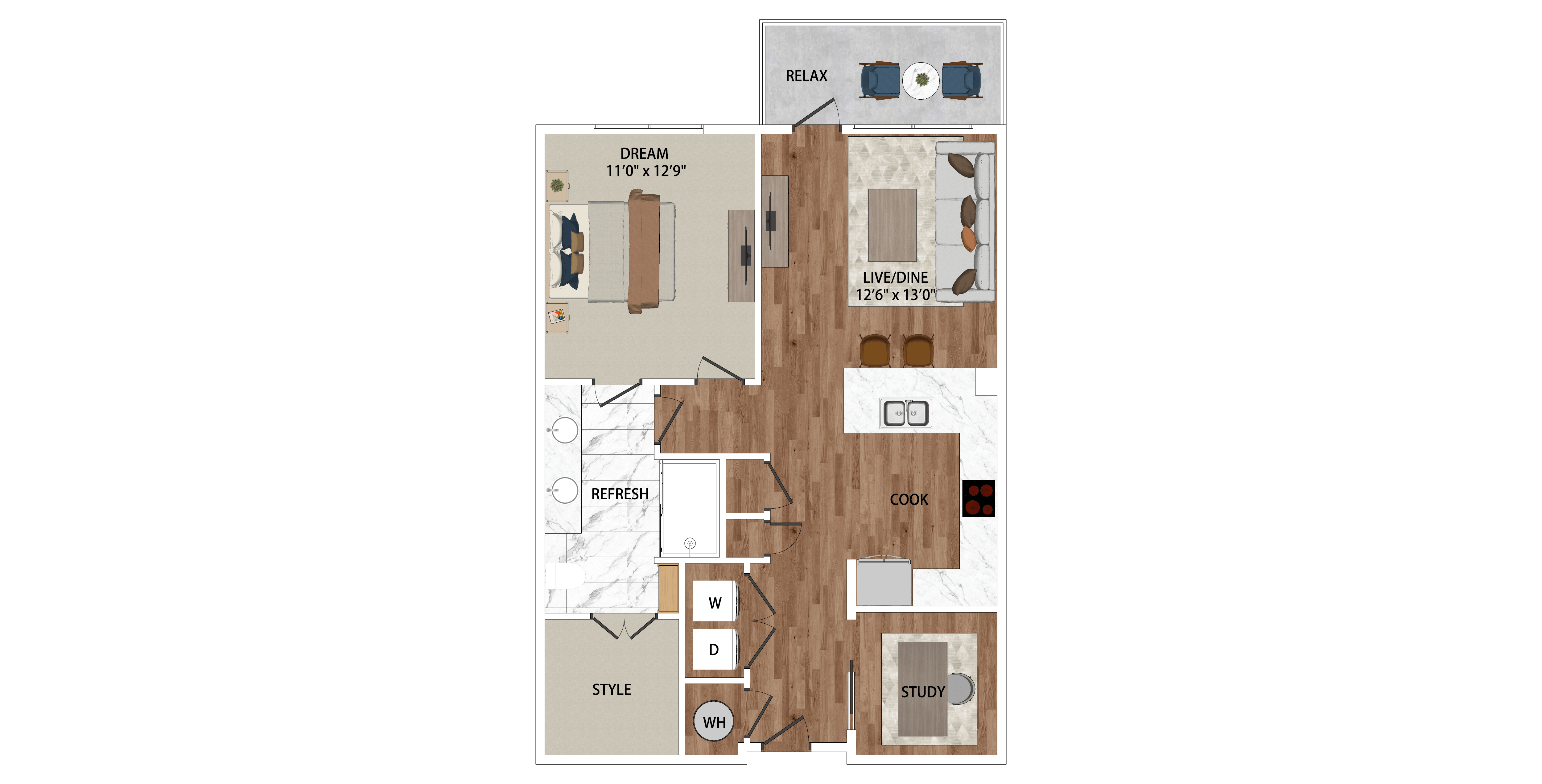 A floor plan of a house with a living room, kitchen, and bathroom.