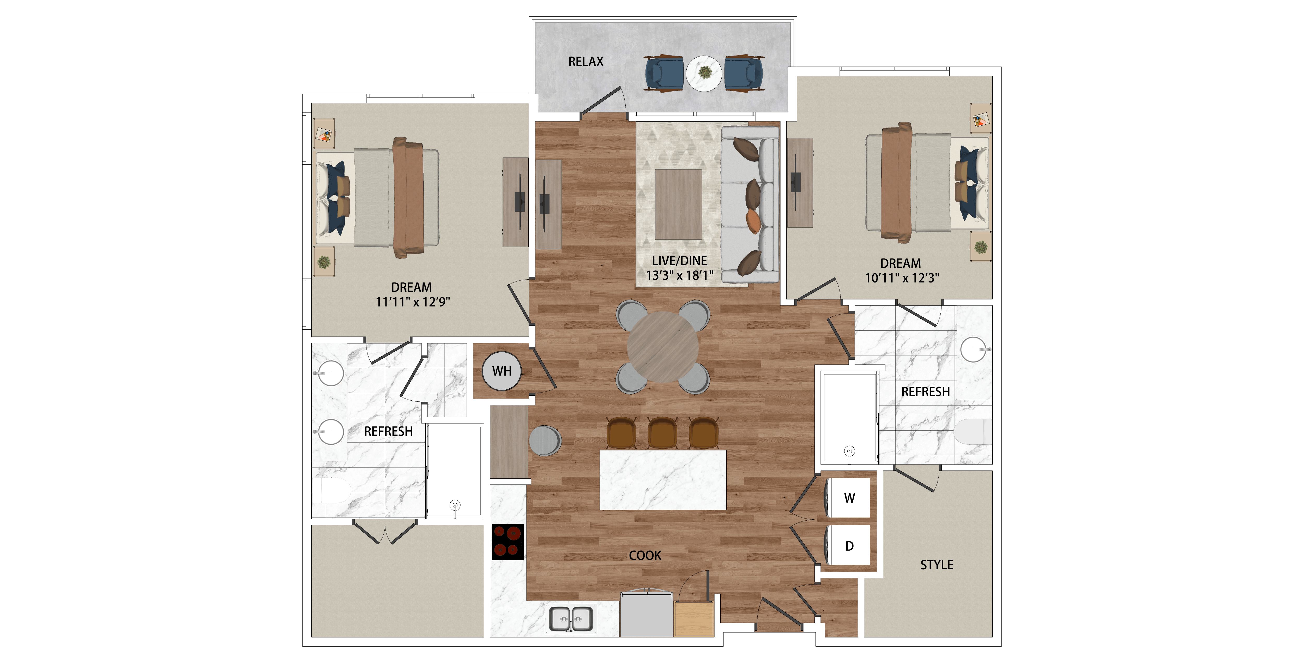 A floor plan of a house with a living room, dining room, kitchen, and two bedrooms.