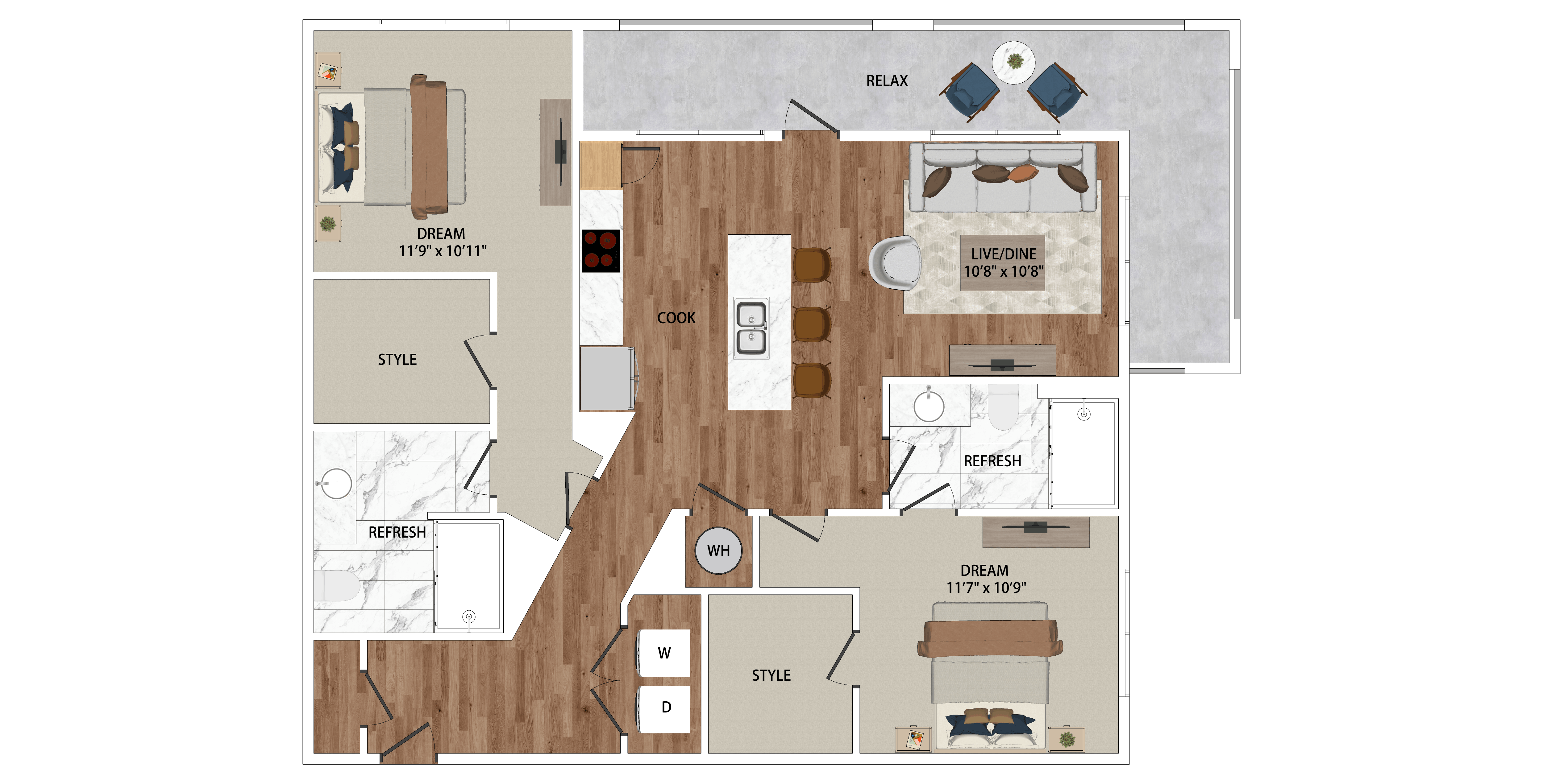 A floor plan of a house with a living room, dining room, kitchen, and bathrooms.