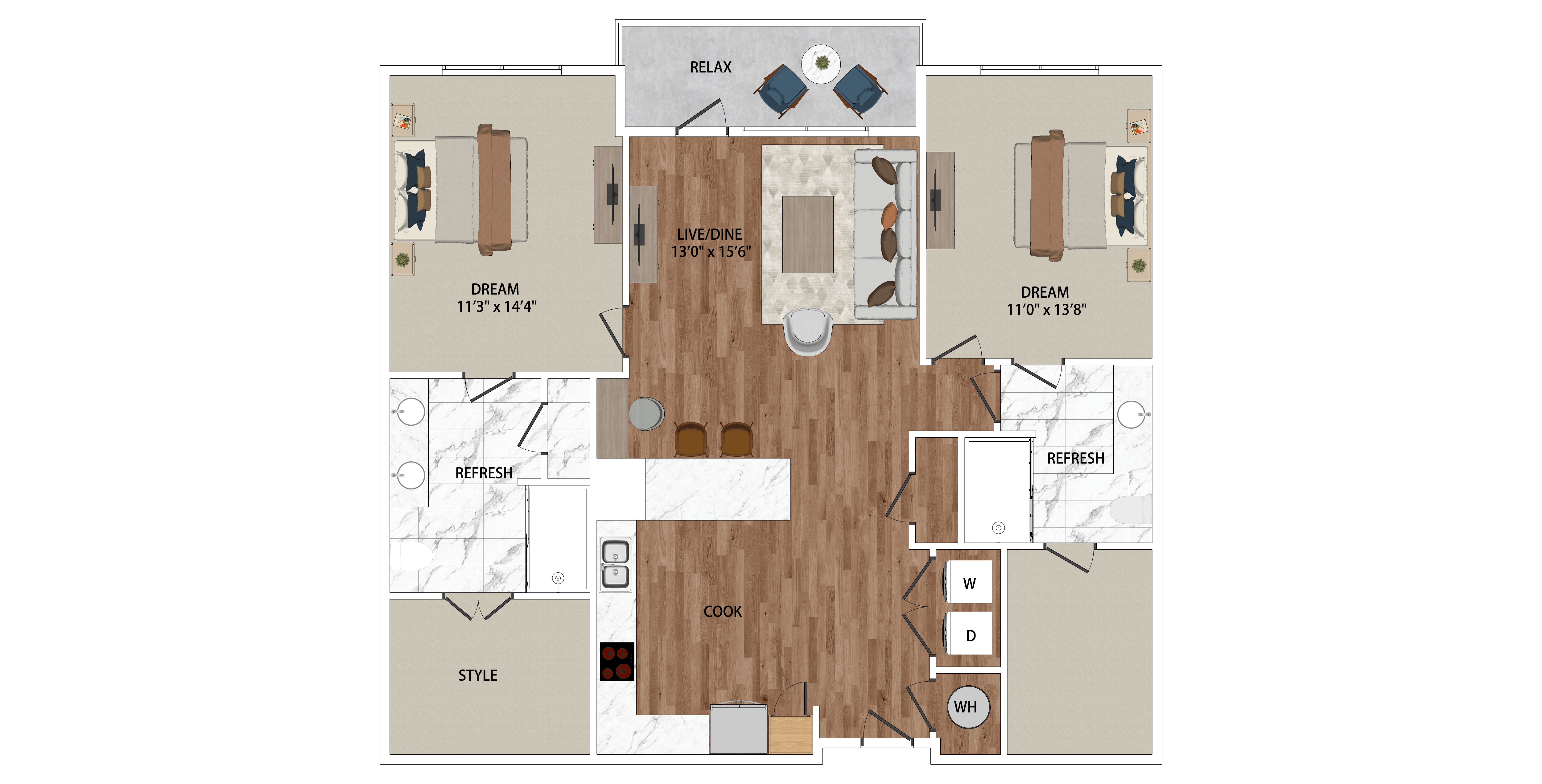 A floor plan of a house with a kitchen, living room, and two bedrooms.