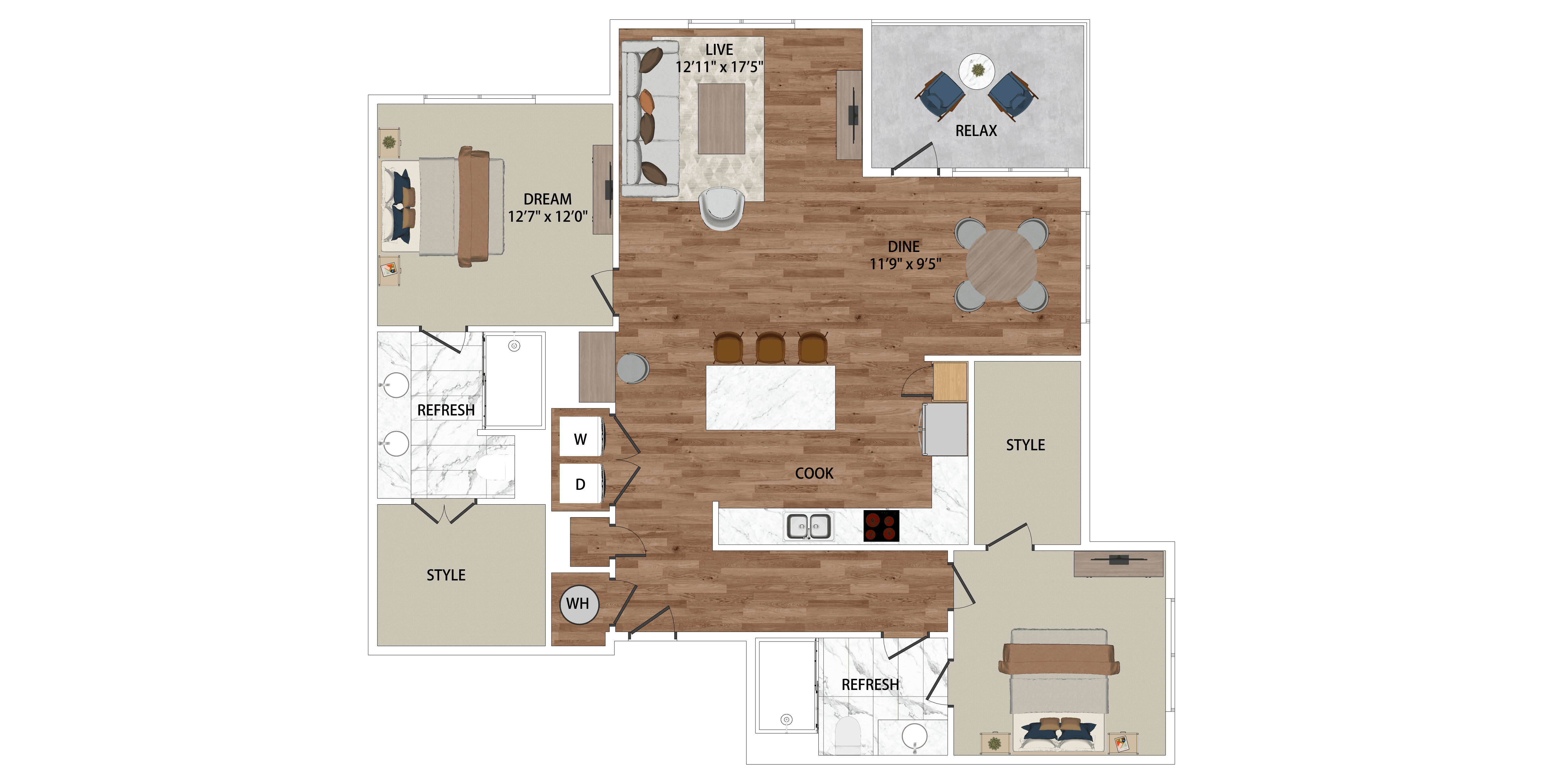 A floor plan of a house with a kitchen, living room, dining room, and bathroom.
