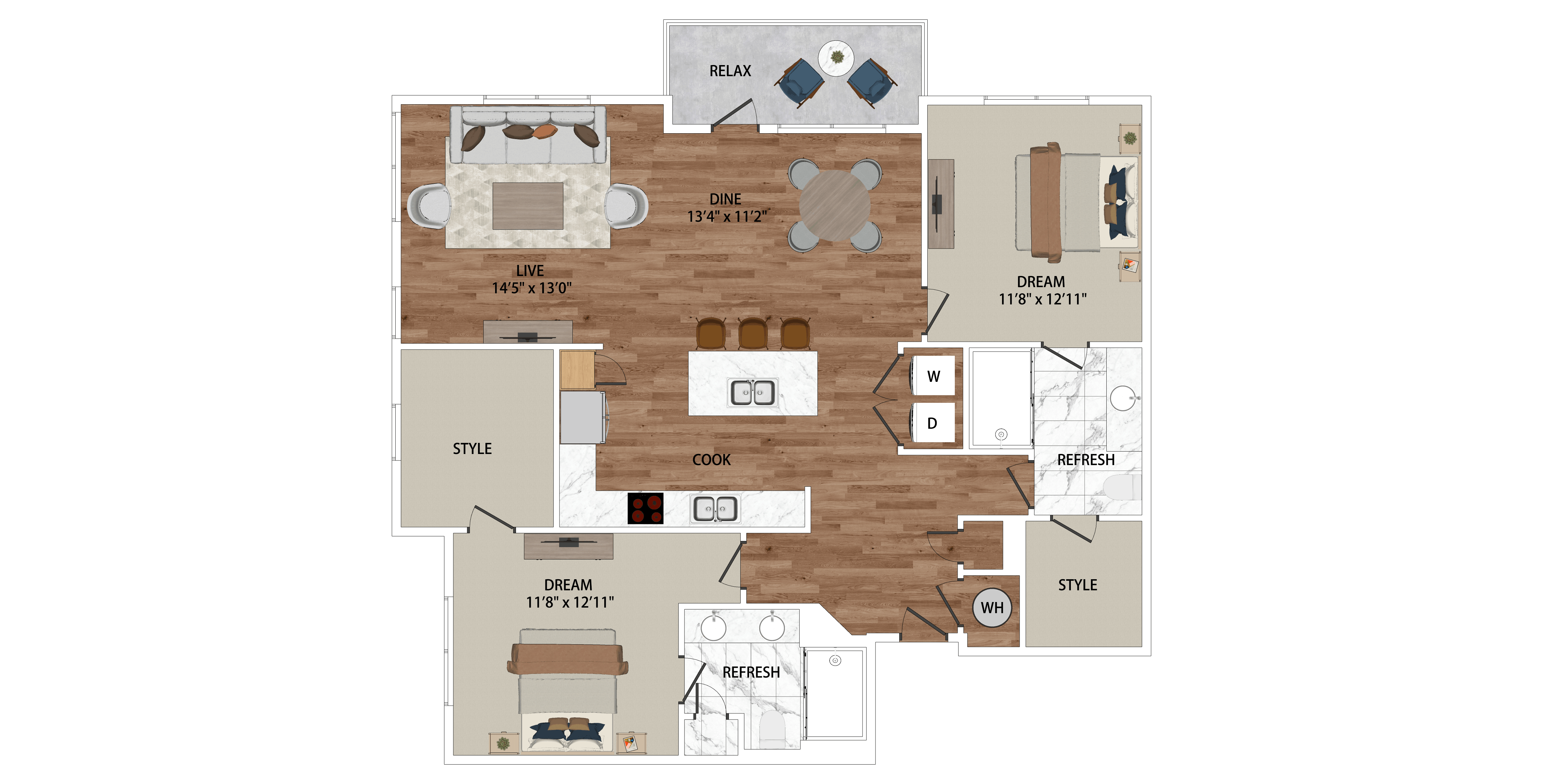A floor plan of a house with labeled rooms such as RELAX, STYLE, and DREAM.