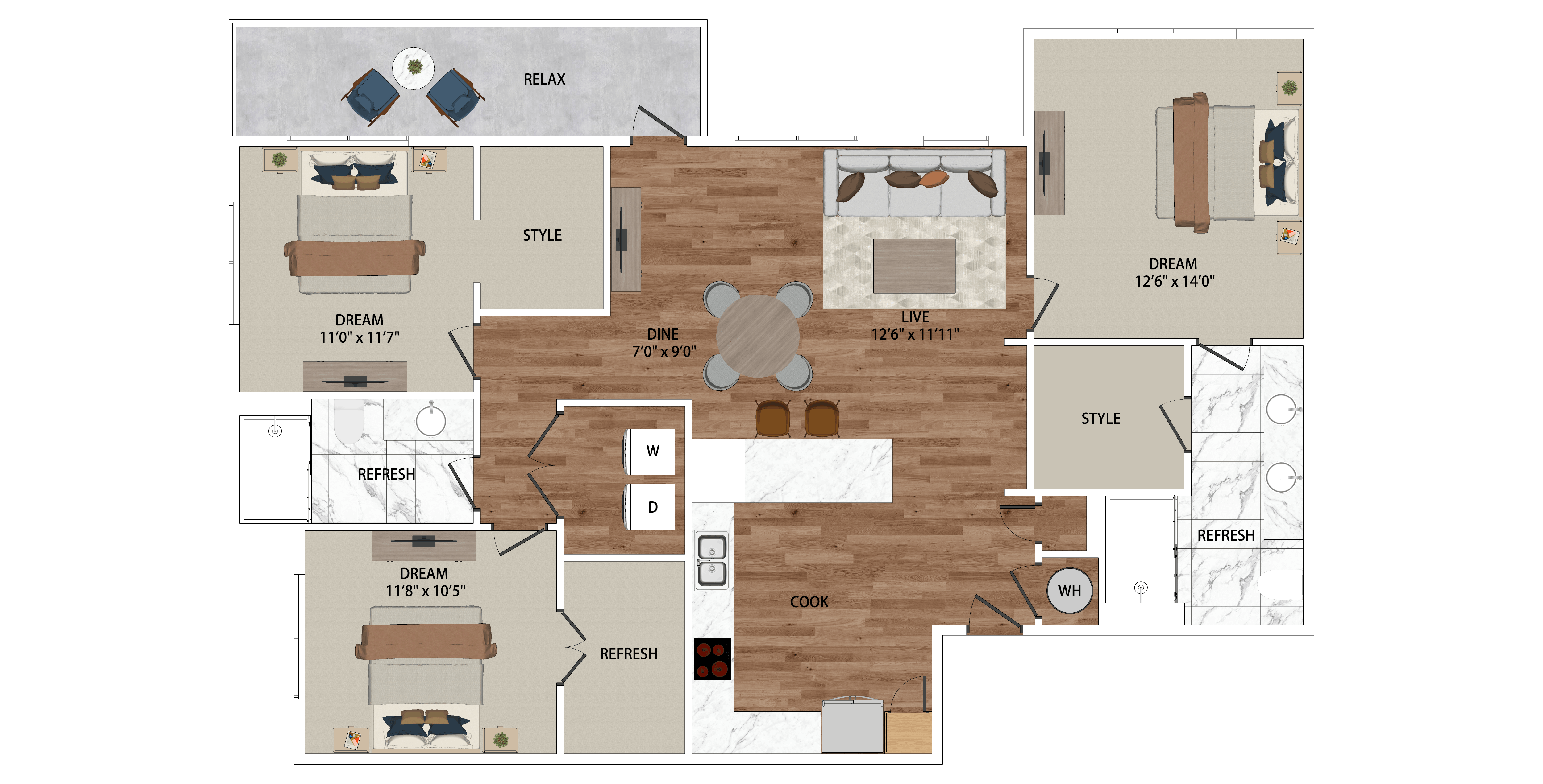 A floor plan of a house with a living room, dining room, kitchen, and two bedrooms.