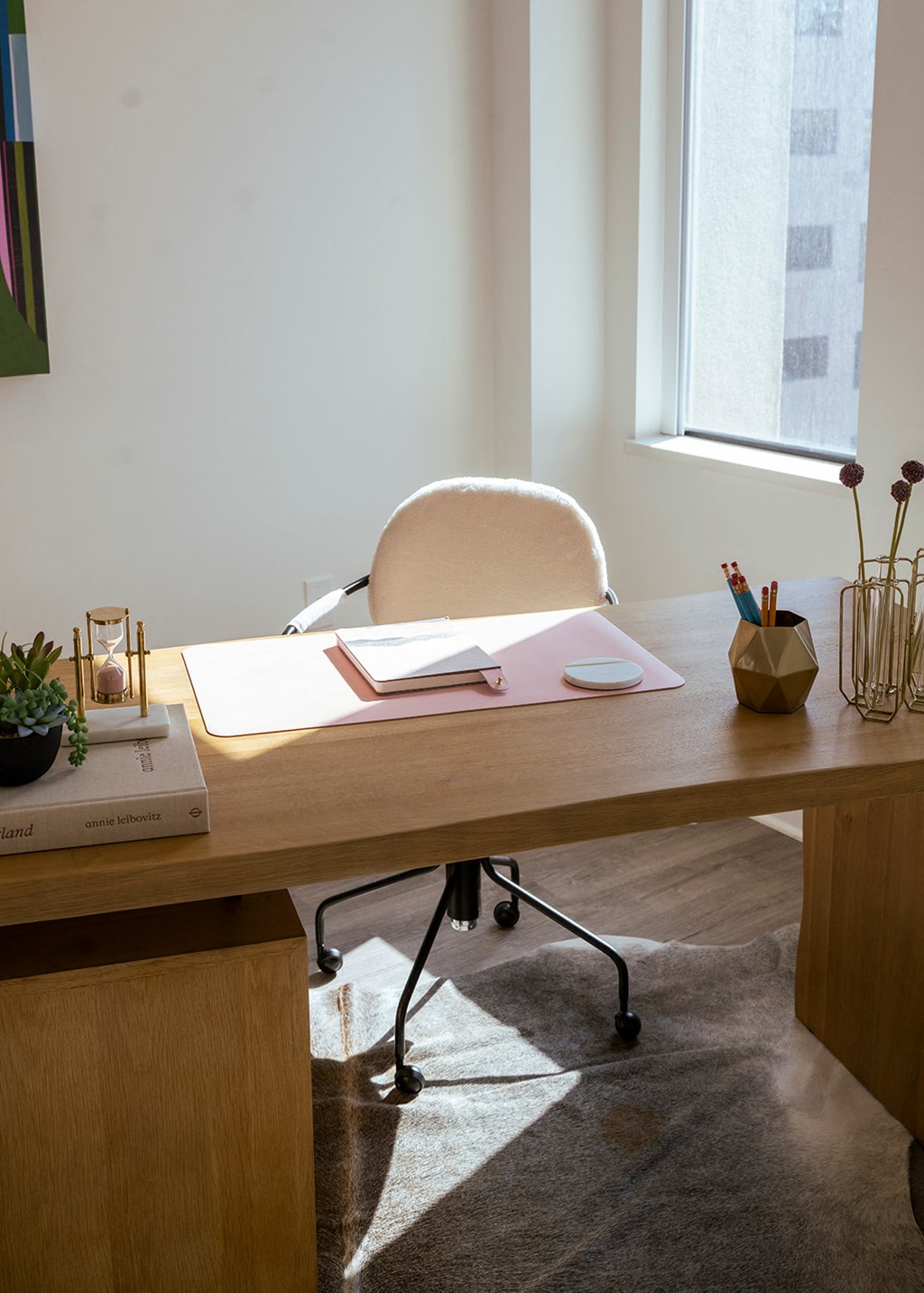 bedroom in b1 floorplan staged as an office at Sky on Main, MO