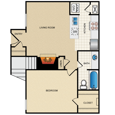 A floor plan of a small apartment with a living room, kitchen, bathroom, and bedroom.