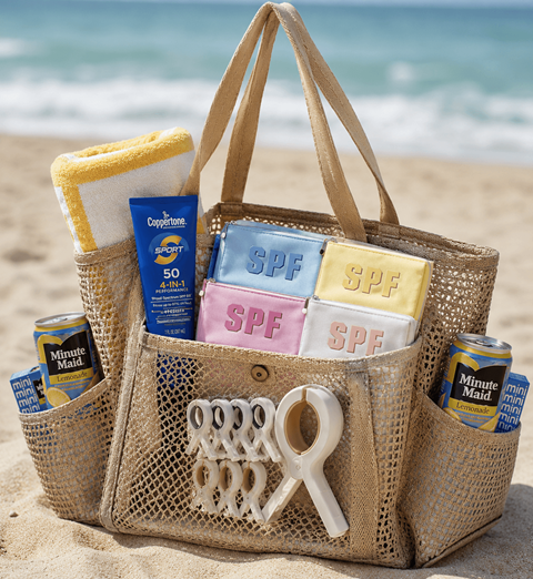 A straw bag filled with sunscreen and other beach items.