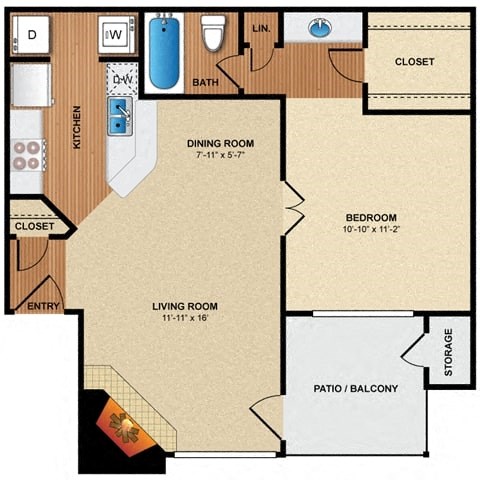 A1 Floor Plan: 1 bedroom, 1 bathroom  at Pear Ridge, Dallas, TX