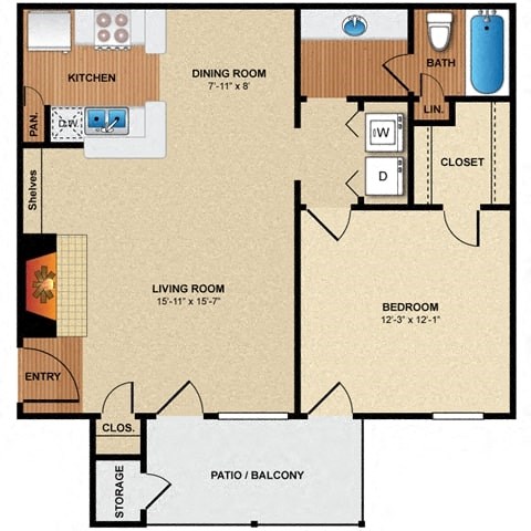 A2 Floor Plan: 1 bedroom, 1 bathroom  at Pear Ridge, Texas