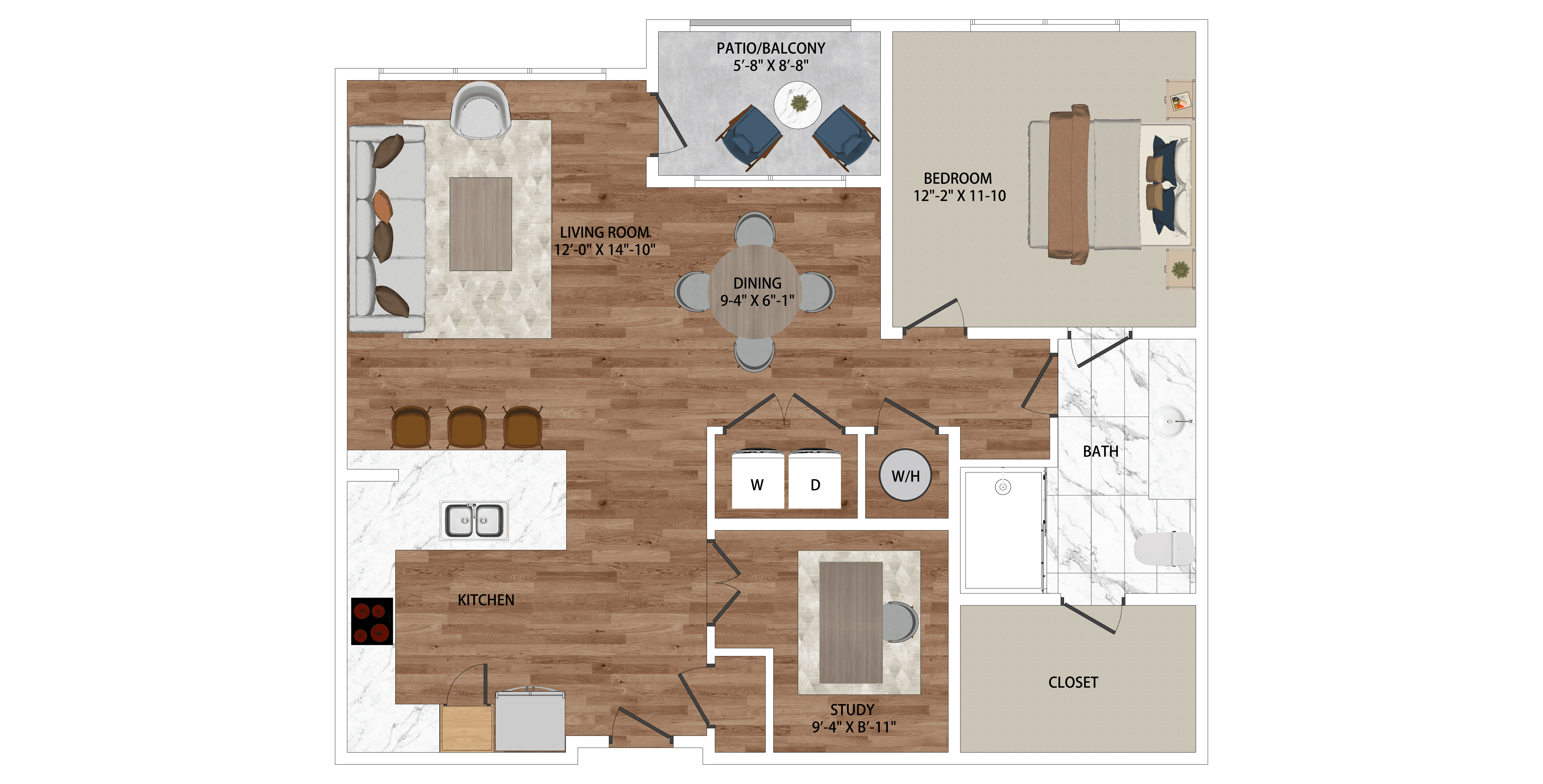 A floor plan of a house with a kitchen, dining room, and bathroom.
