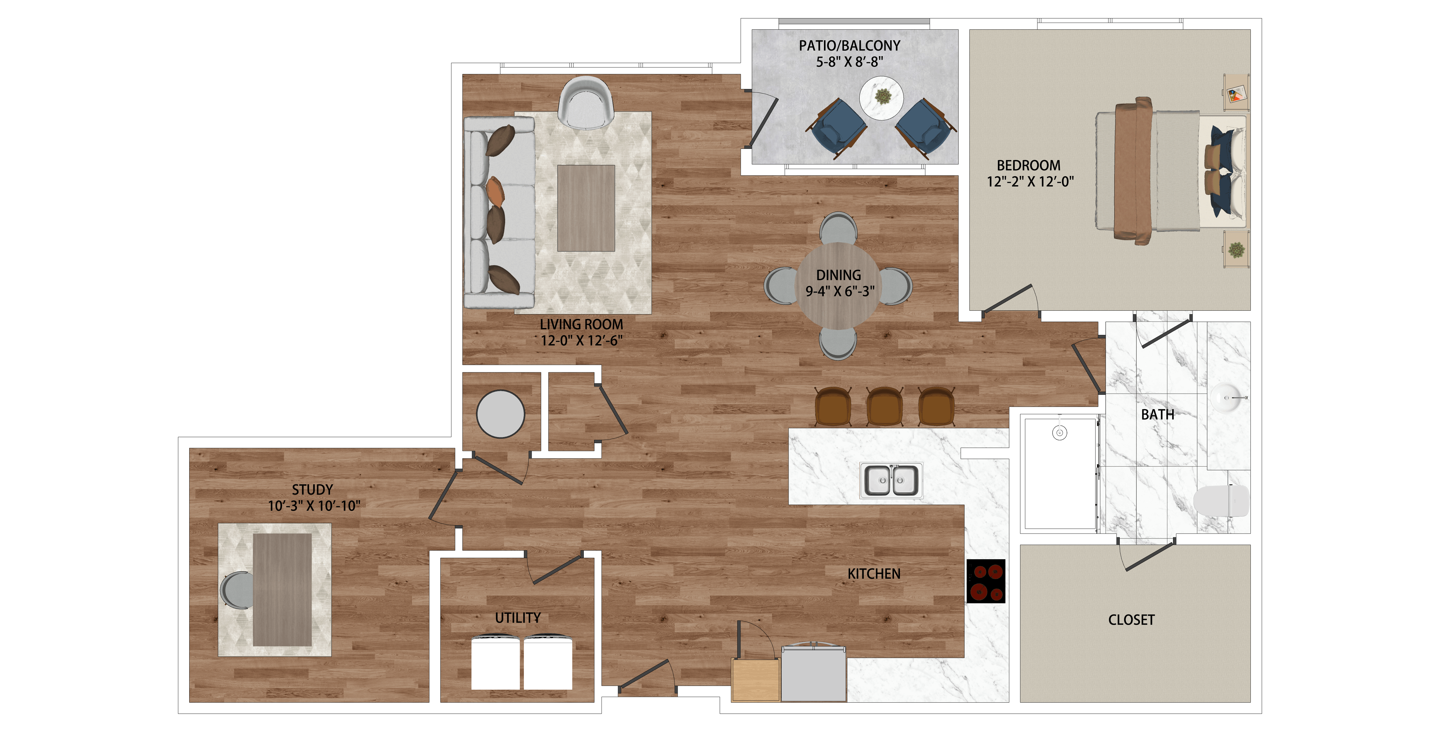 A floor plan of a house with a living room, dining room, kitchen, bathroom, and closet.