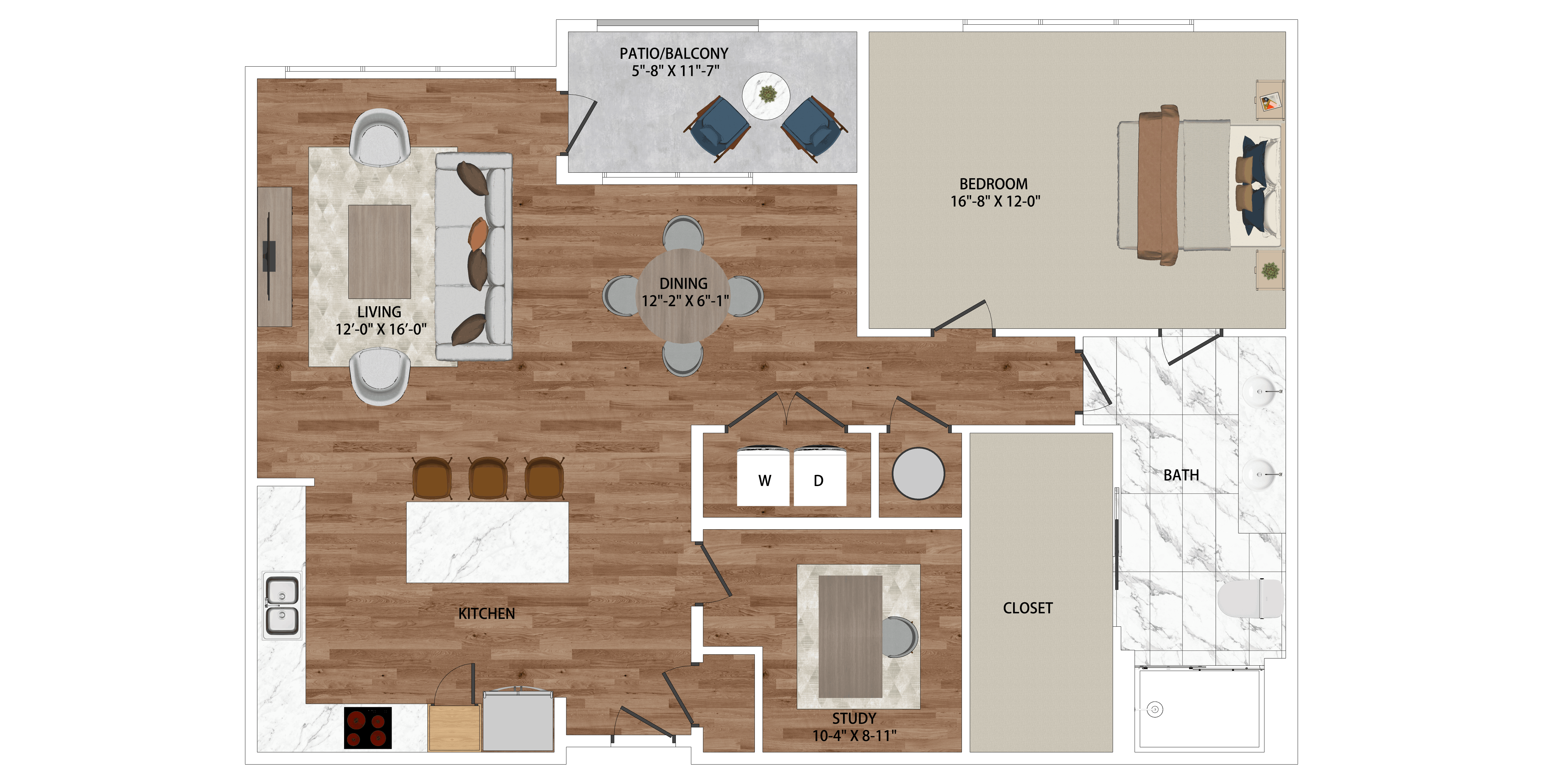 A floor plan of a house with a kitchen, living room, dining room, bathroom, and bedroom.