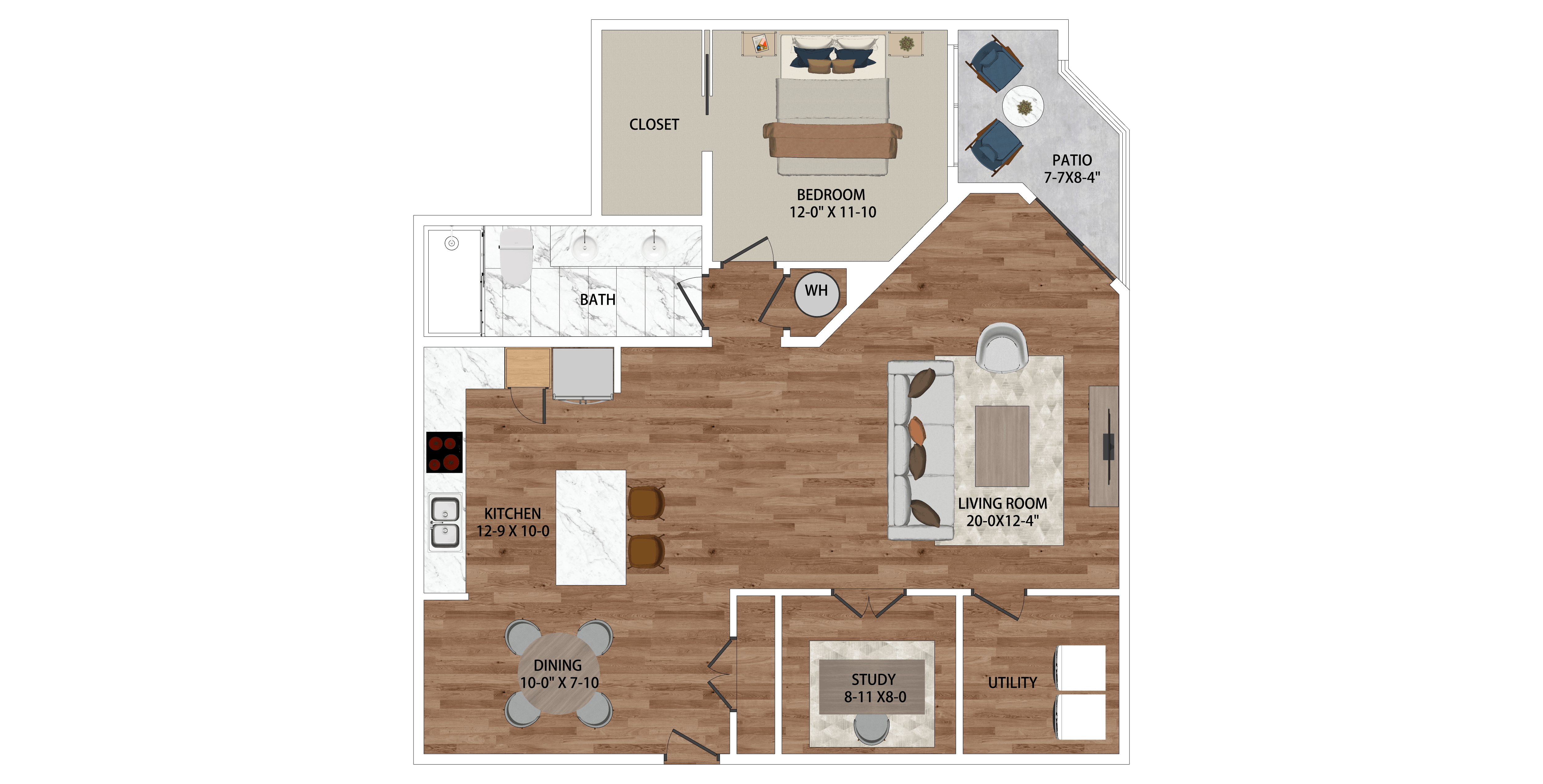 A floor plan of a house with a kitchen, living room, and bathroom.