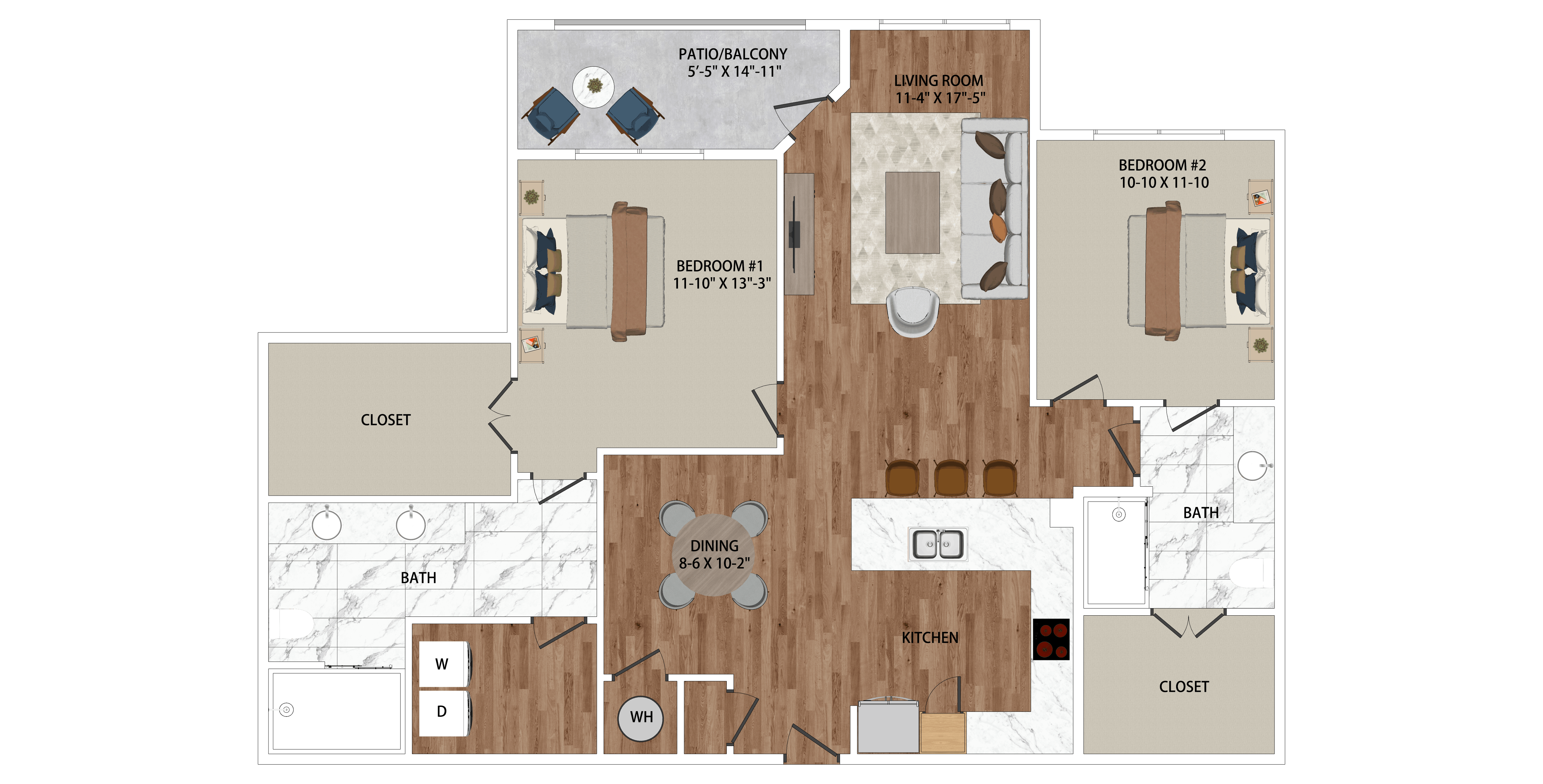 A floor plan of a house with a dining room, kitchen, and two bedrooms.