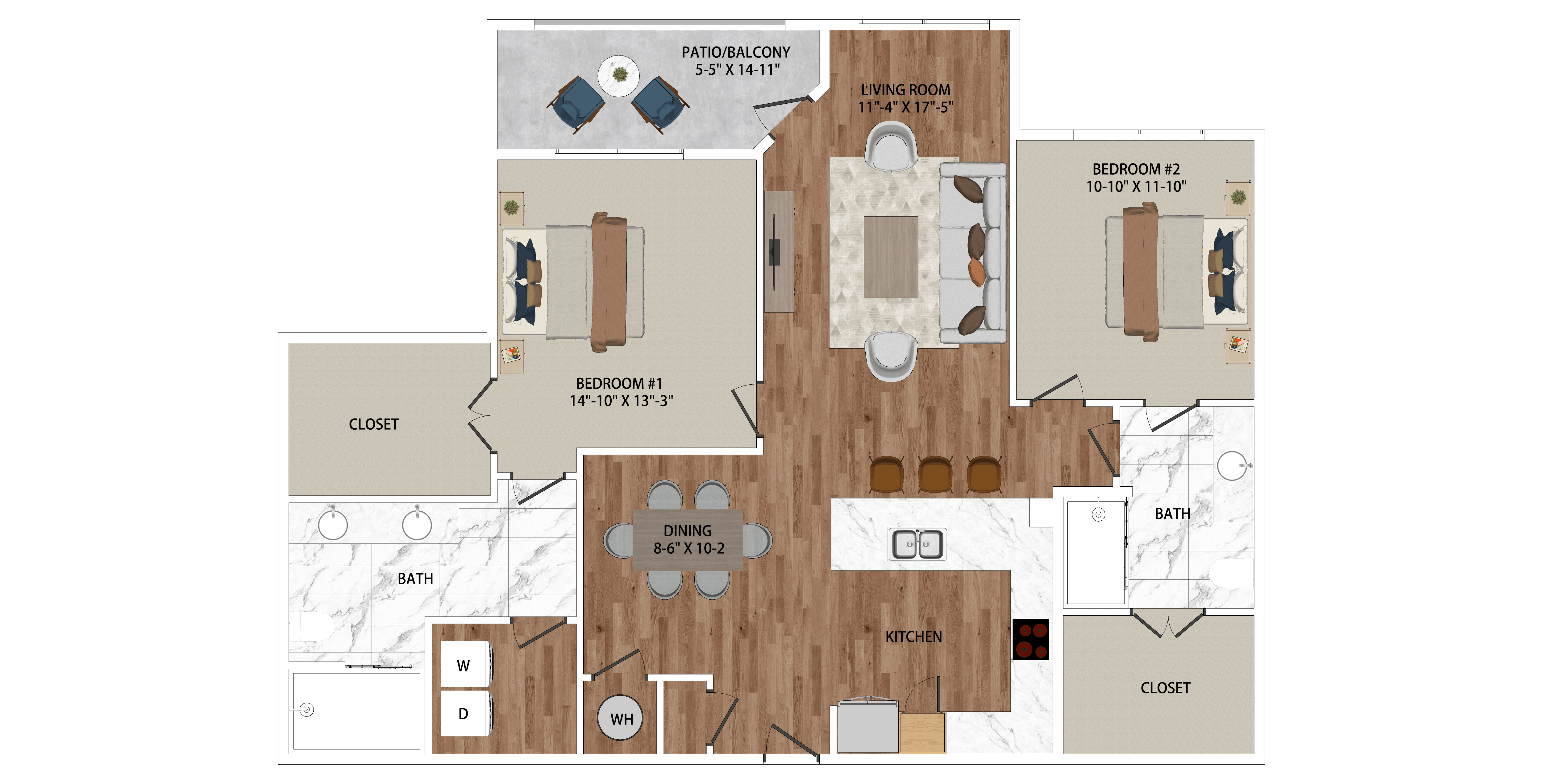 A floor plan of a house with a living room, dining room, kitchen, and two bedrooms.