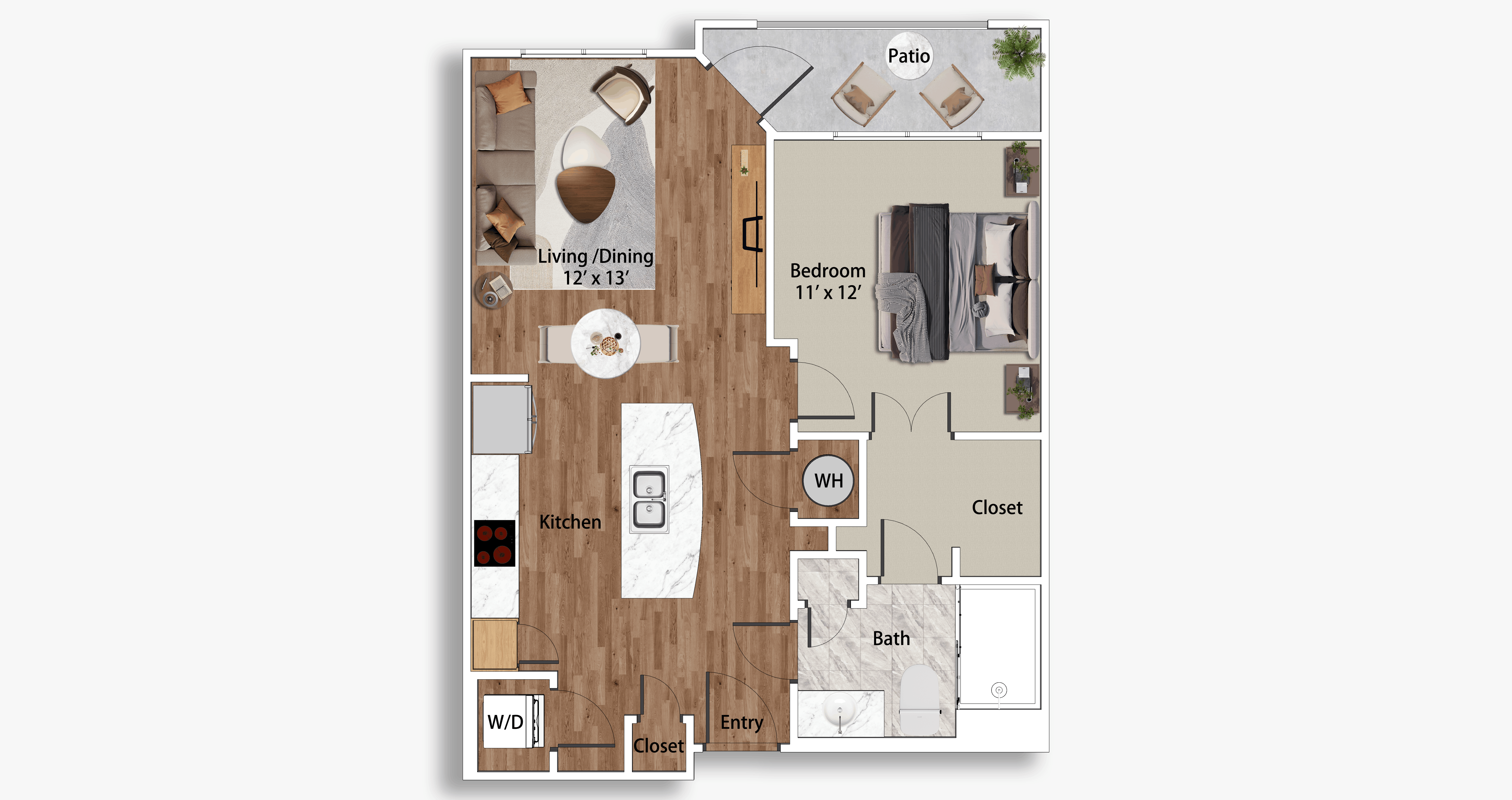 A floor plan of a house with a living room, kitchen, bathroom, and bedroom.