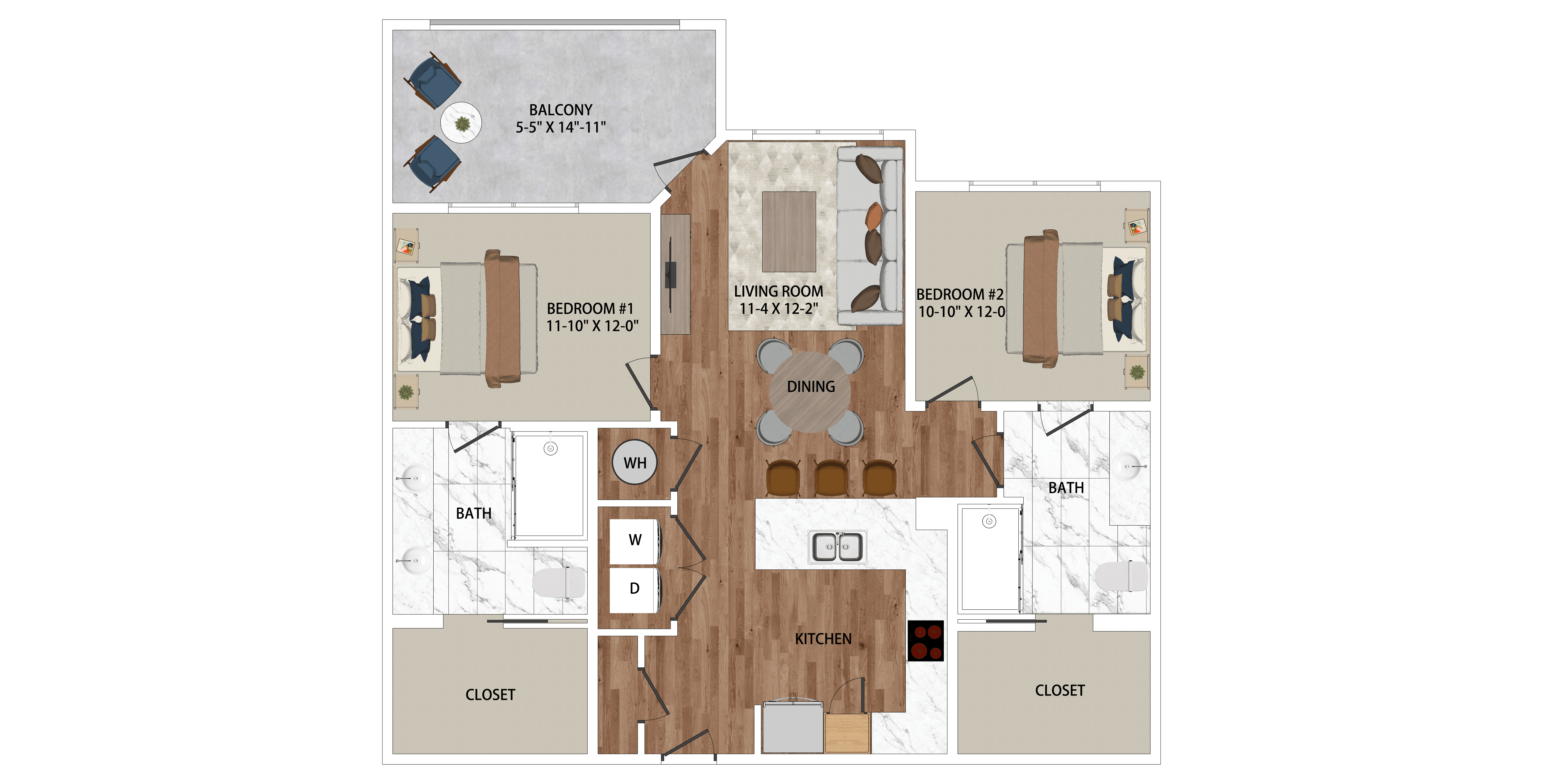 A floor plan of a house with a living room, two bedrooms, a bathroom, a kitchen, a dining room, and a closet.