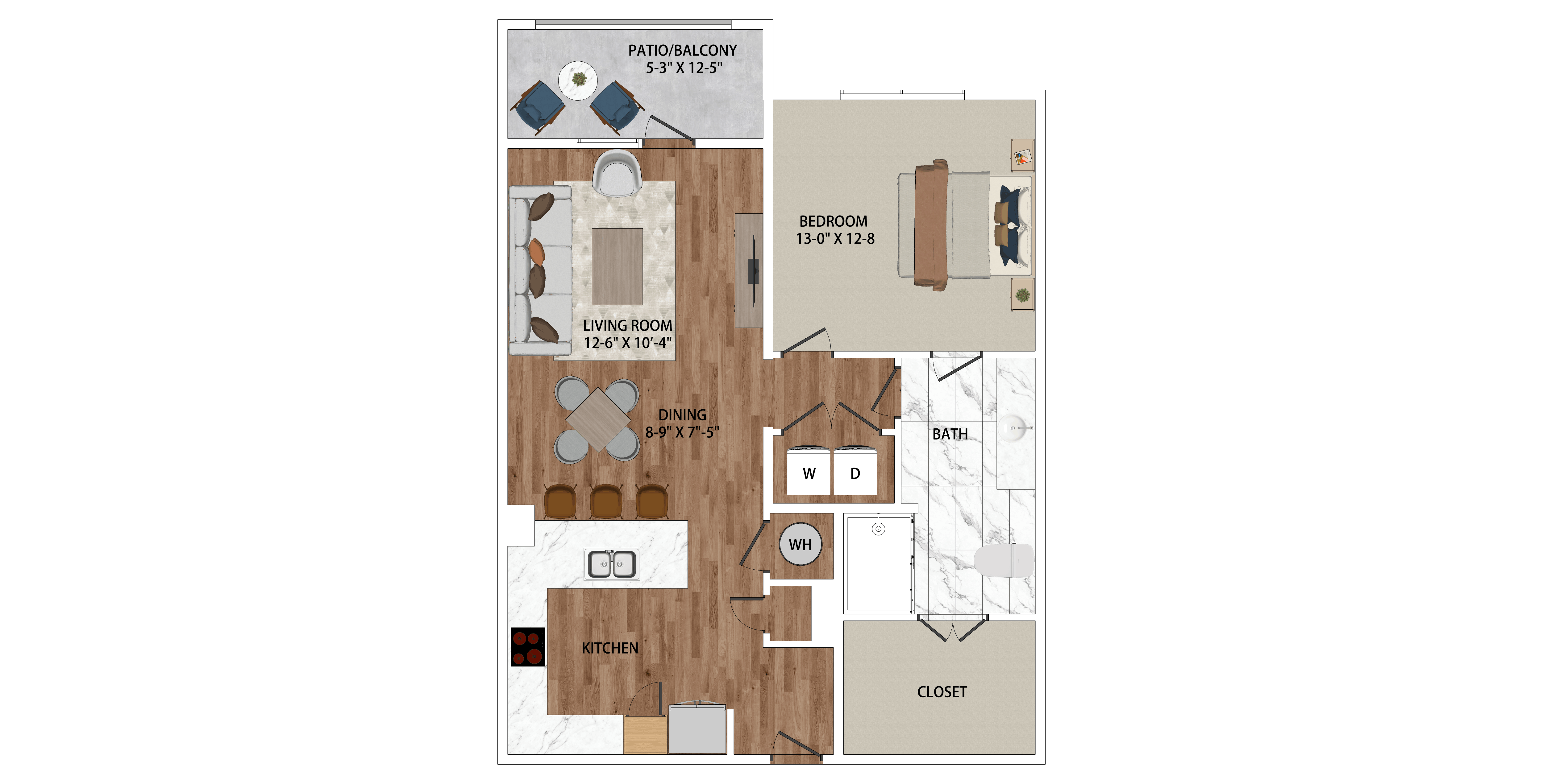 A floor plan of a house with a bedroom, living room, dining room, kitchen, and cloakroom.
