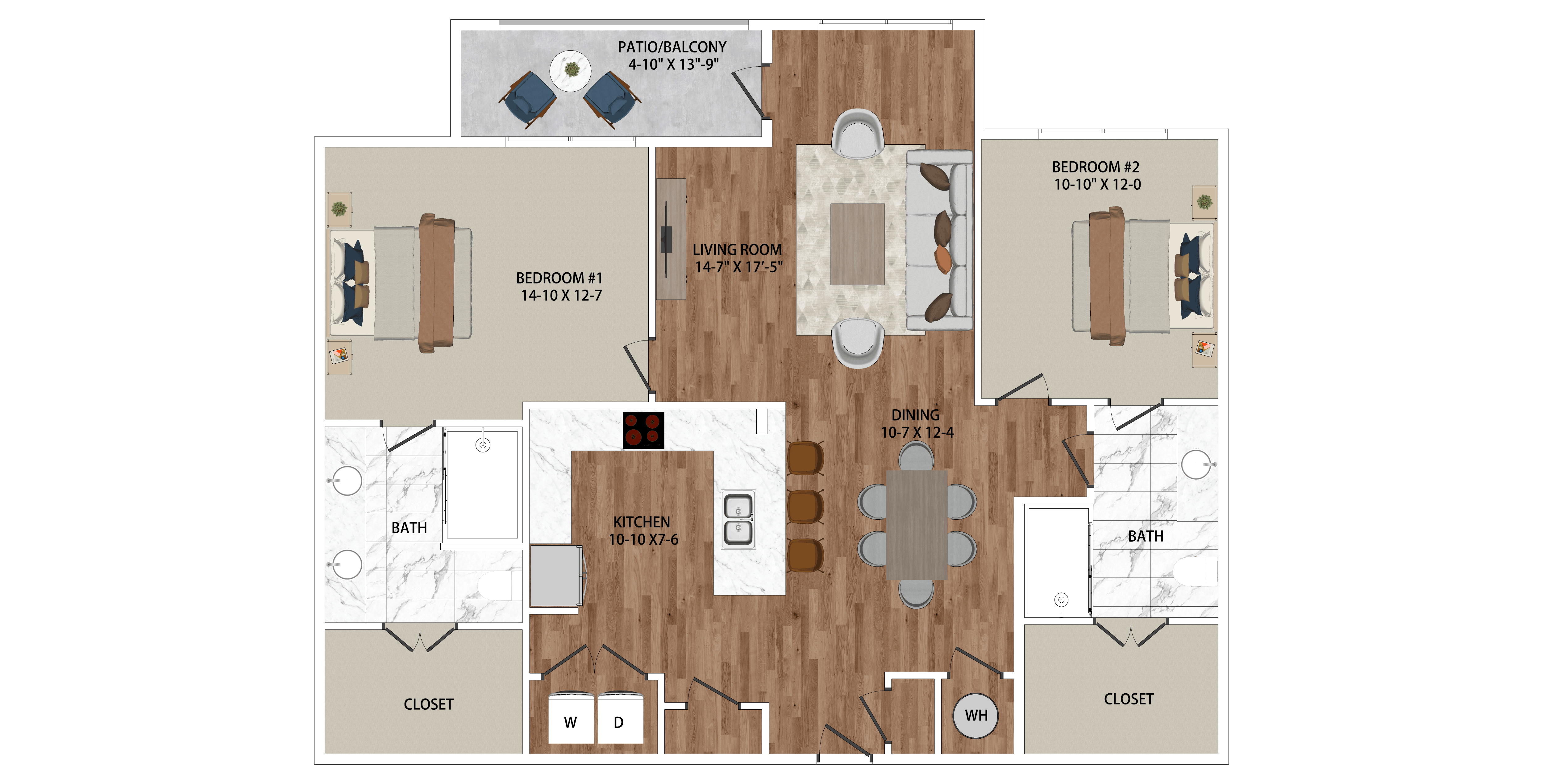 A floor plan of a house with a living room, dining room, kitchen, and bathrooms.