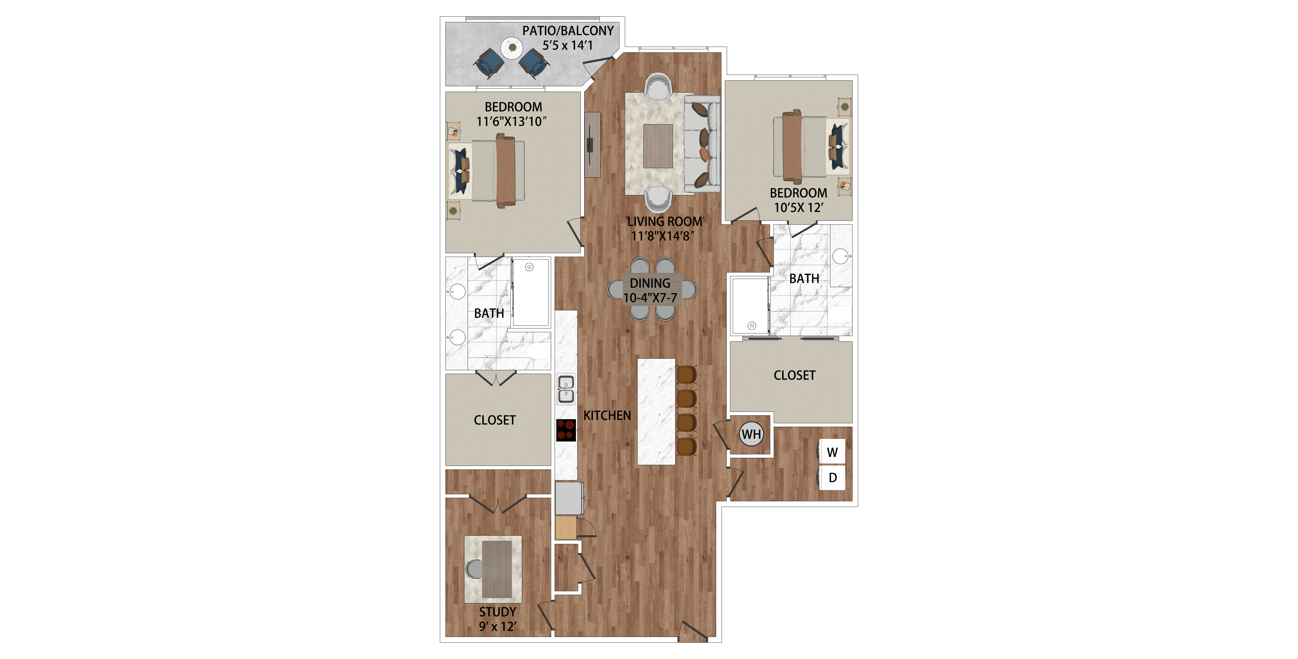 A floor plan of a two bedroom apartment.