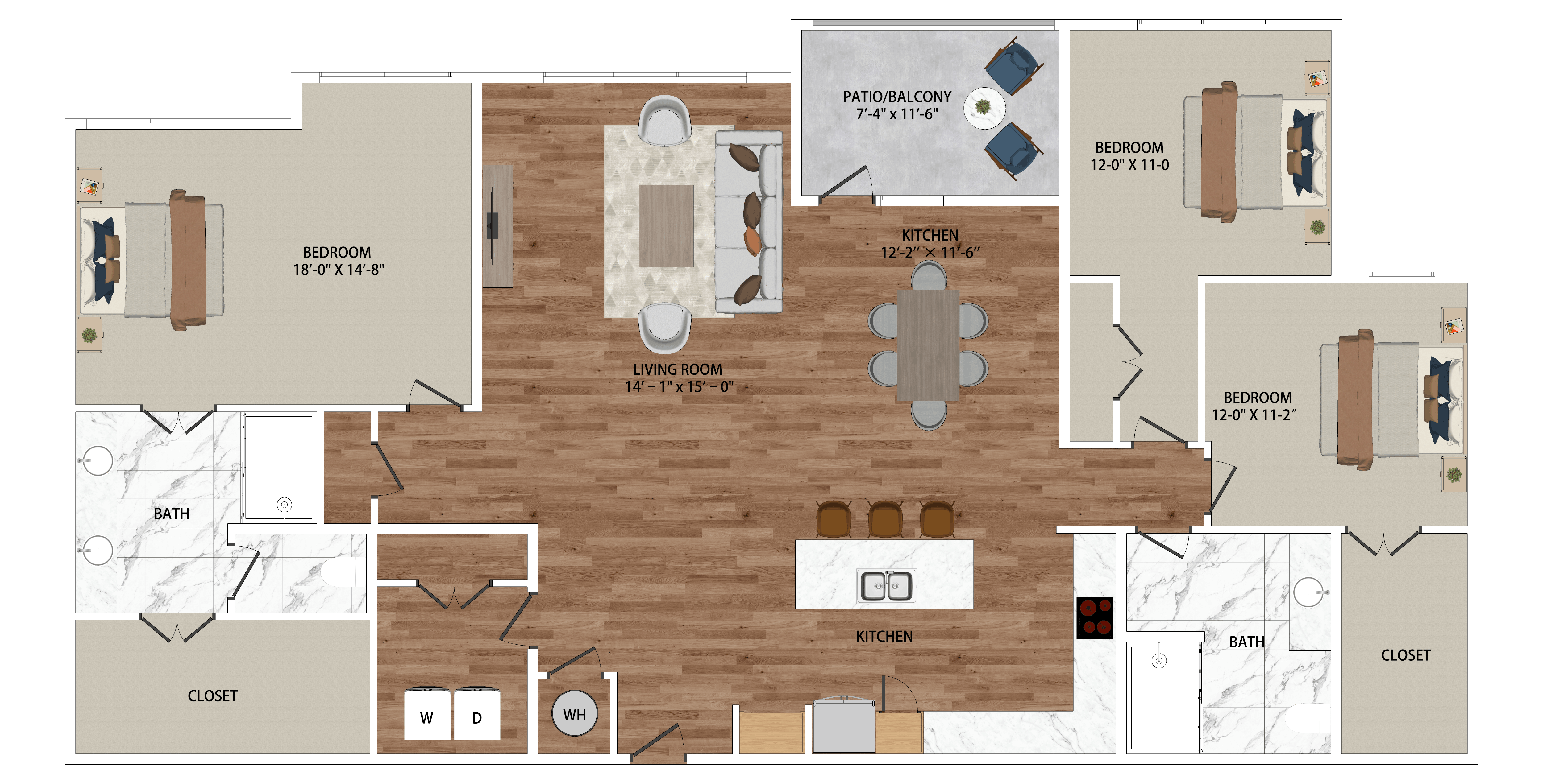 A floor plan of a house with a living room, kitchen, and two bedrooms.