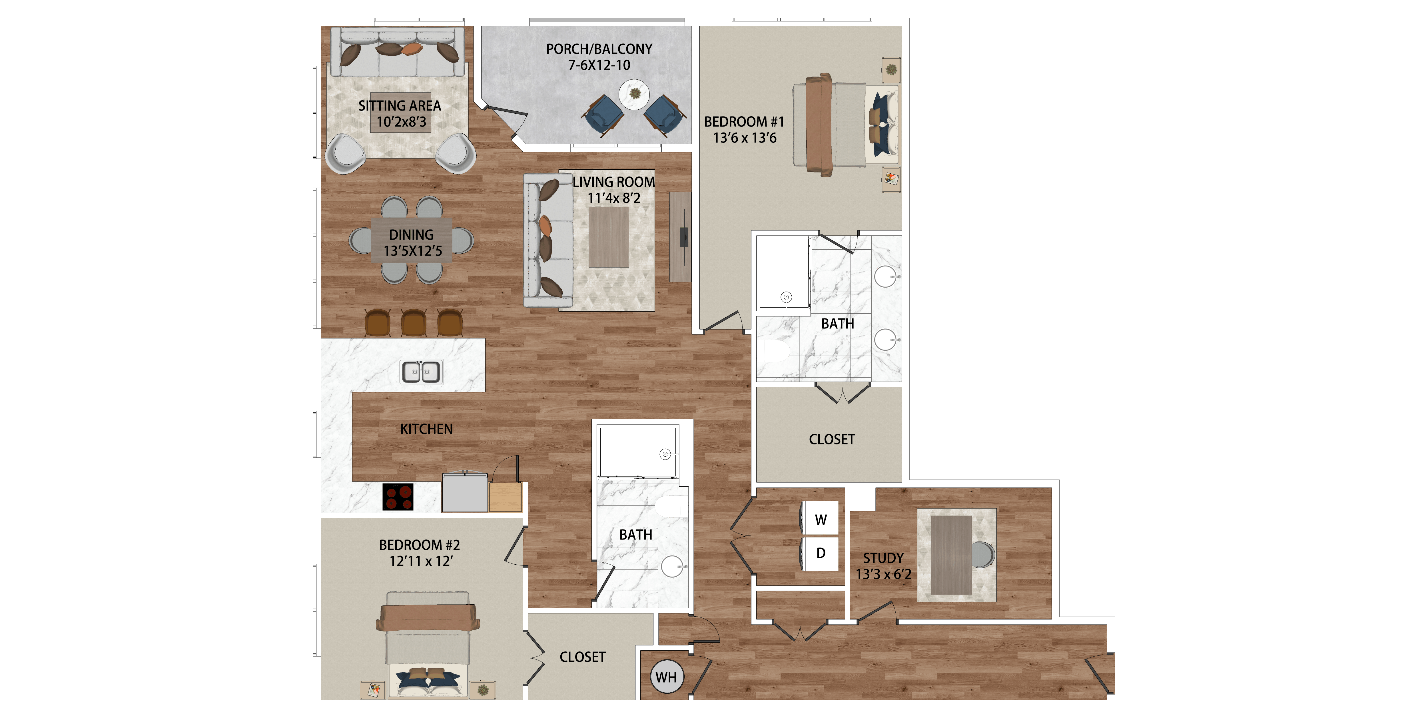 A floor plan of a house with a living room, dining room, kitchen, and two bedrooms.