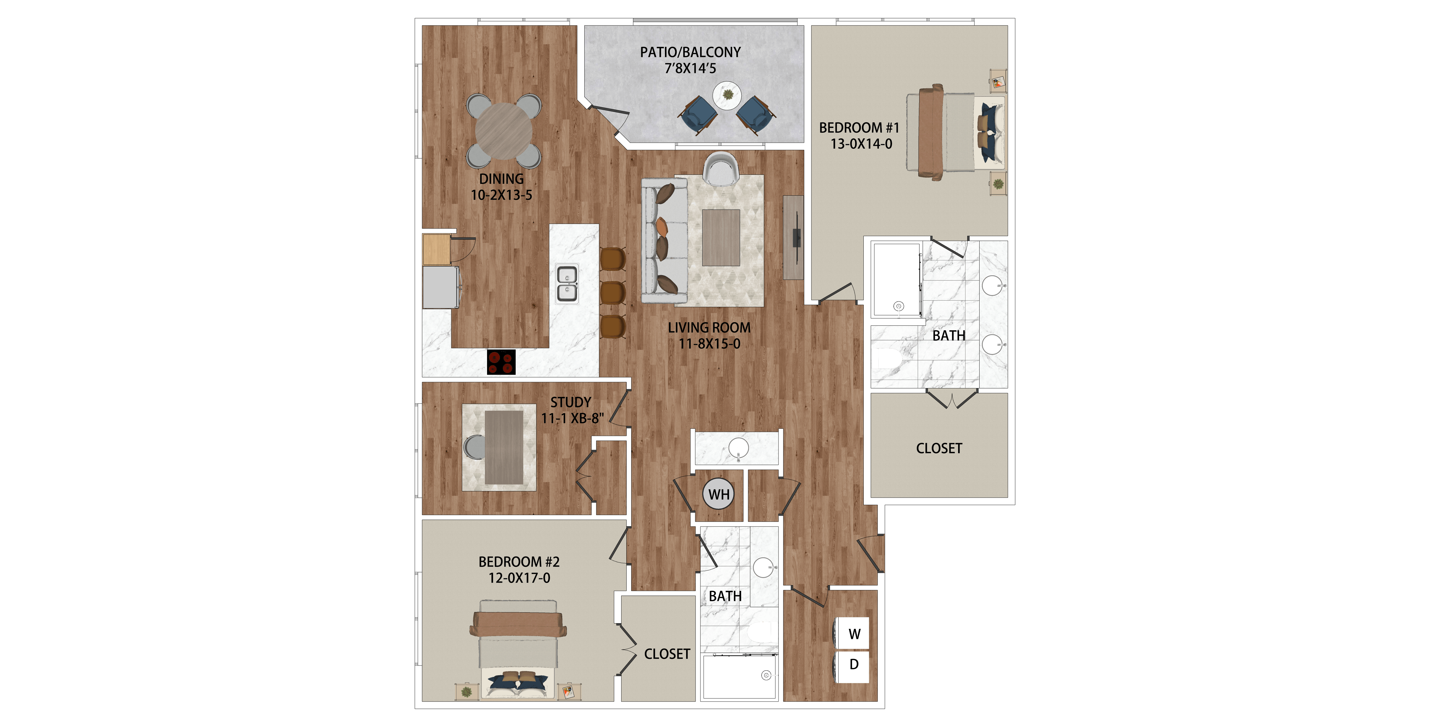 A floor plan of a house with a study, bathroom, and two bedrooms.