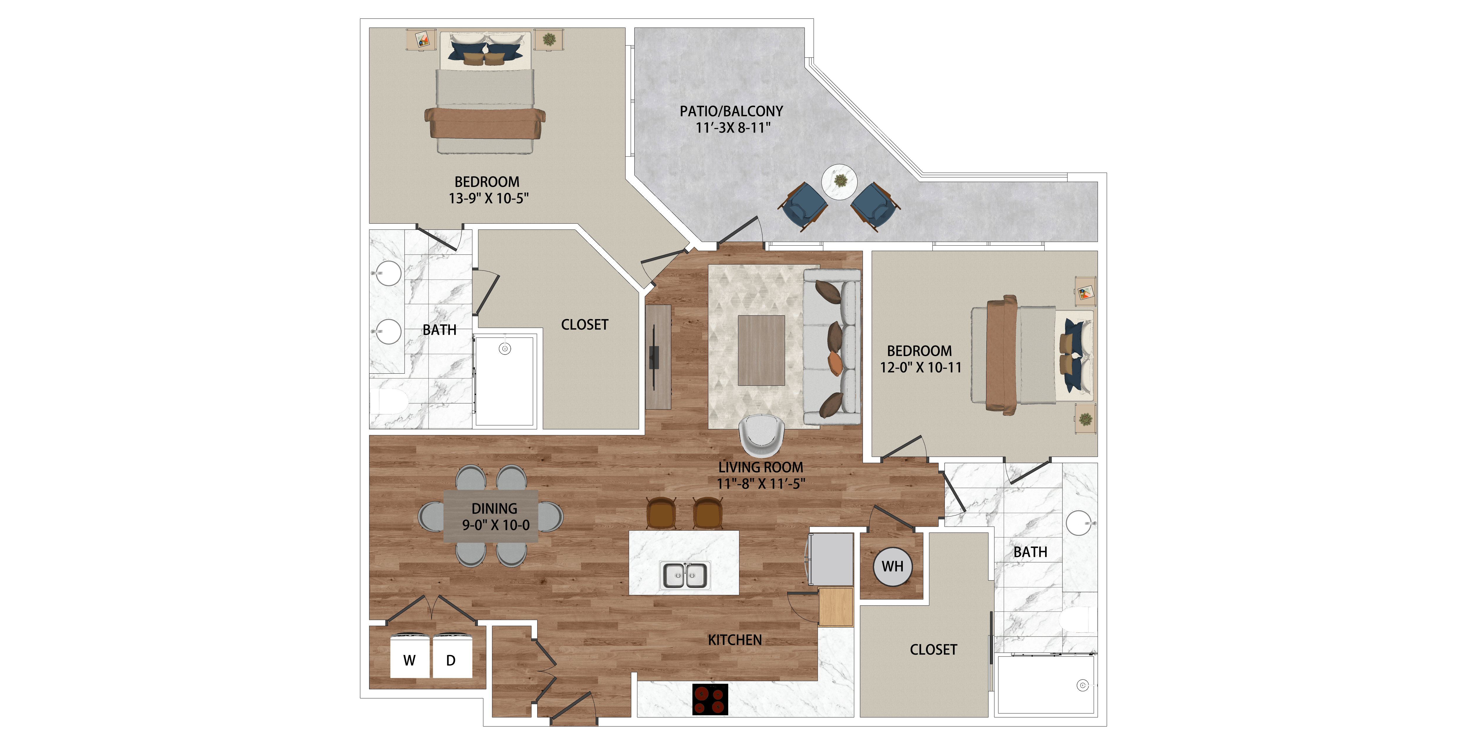 A floor plan of a house with a kitchen, dining room, and two bedrooms.