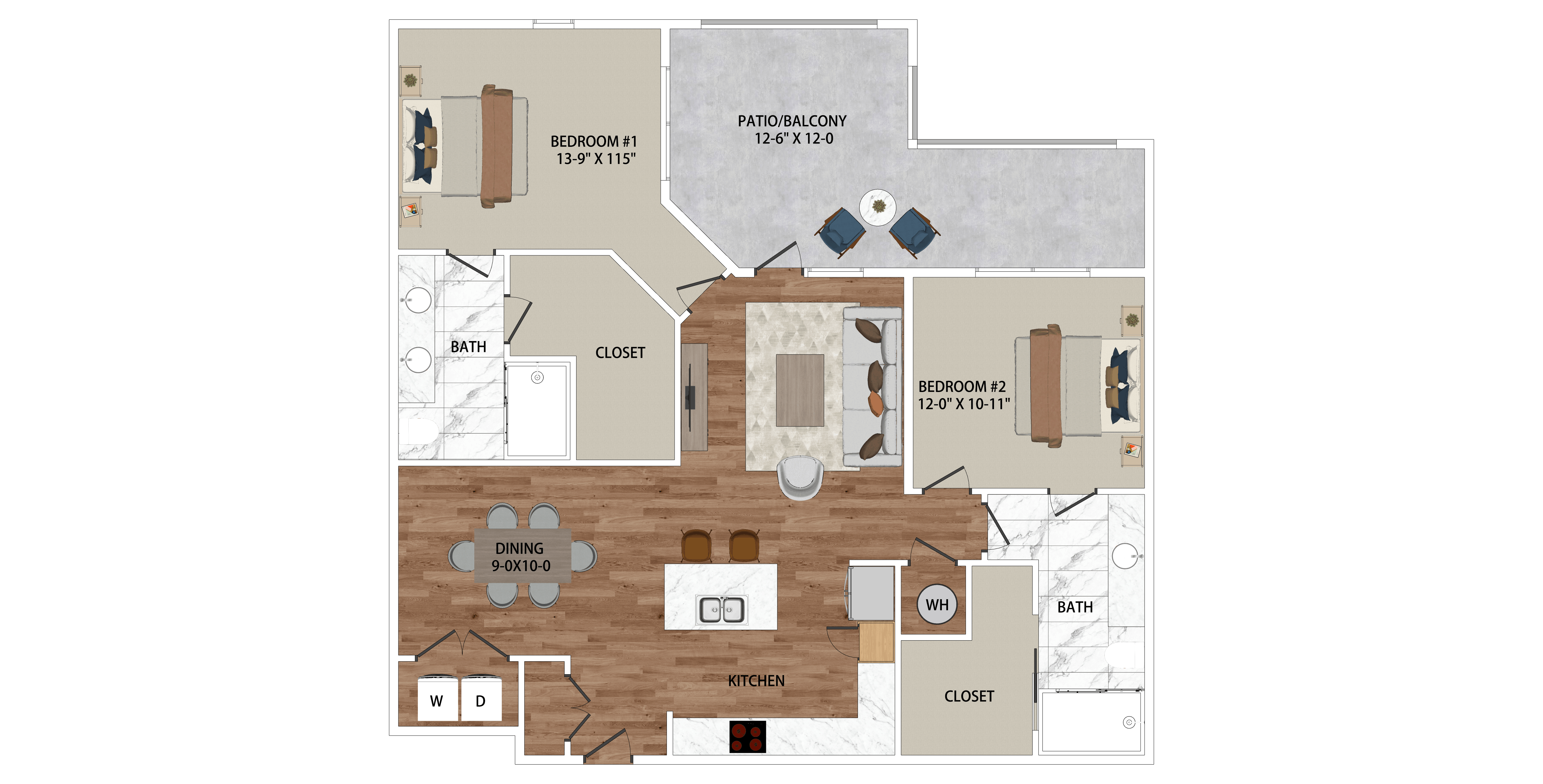A floor plan of a house with a living room, dining room, kitchen, and two bedrooms.