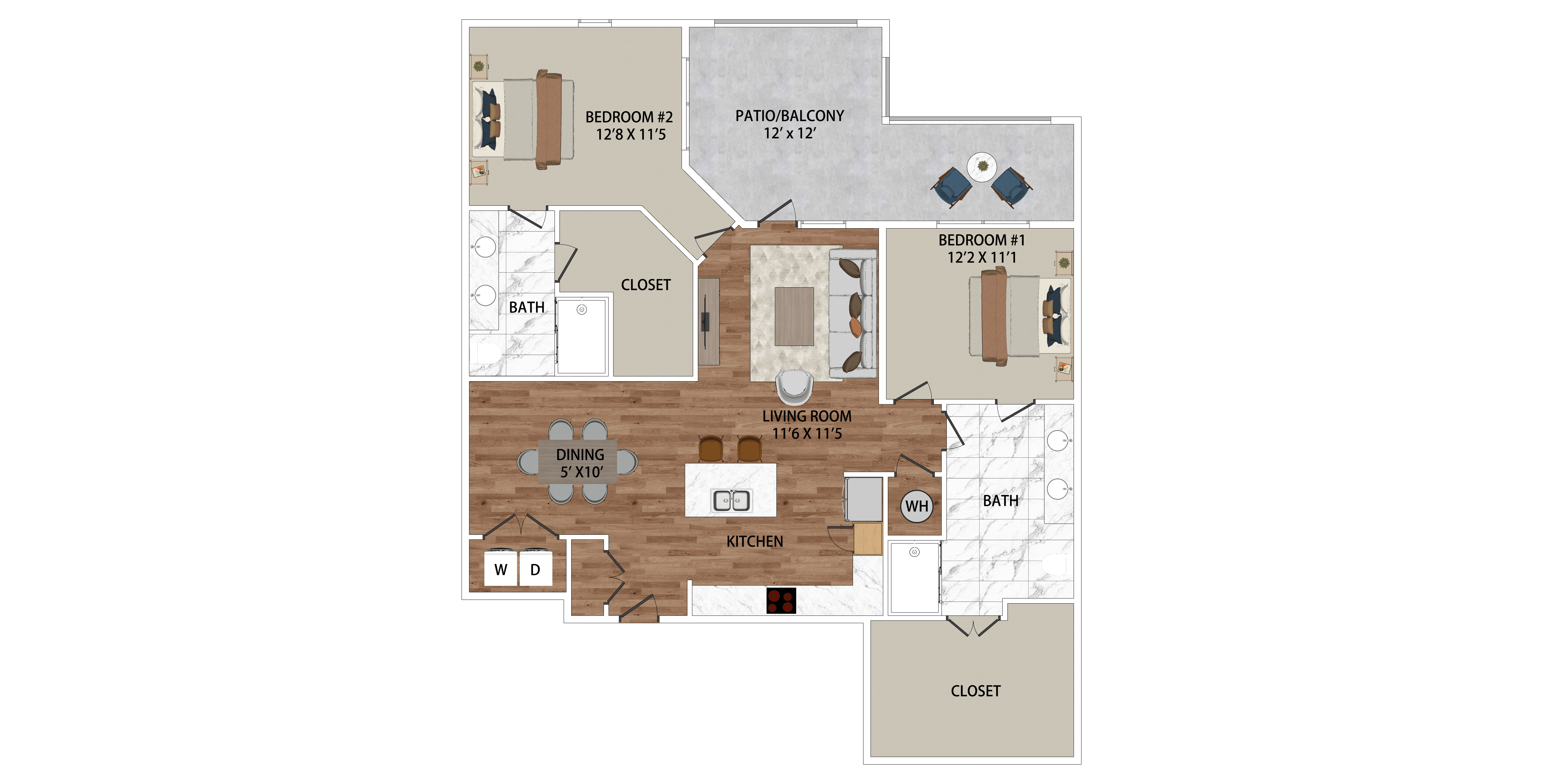 A floor plan of a house with two bedrooms, a living room, a dining room, a kitchen, and a bathroom.