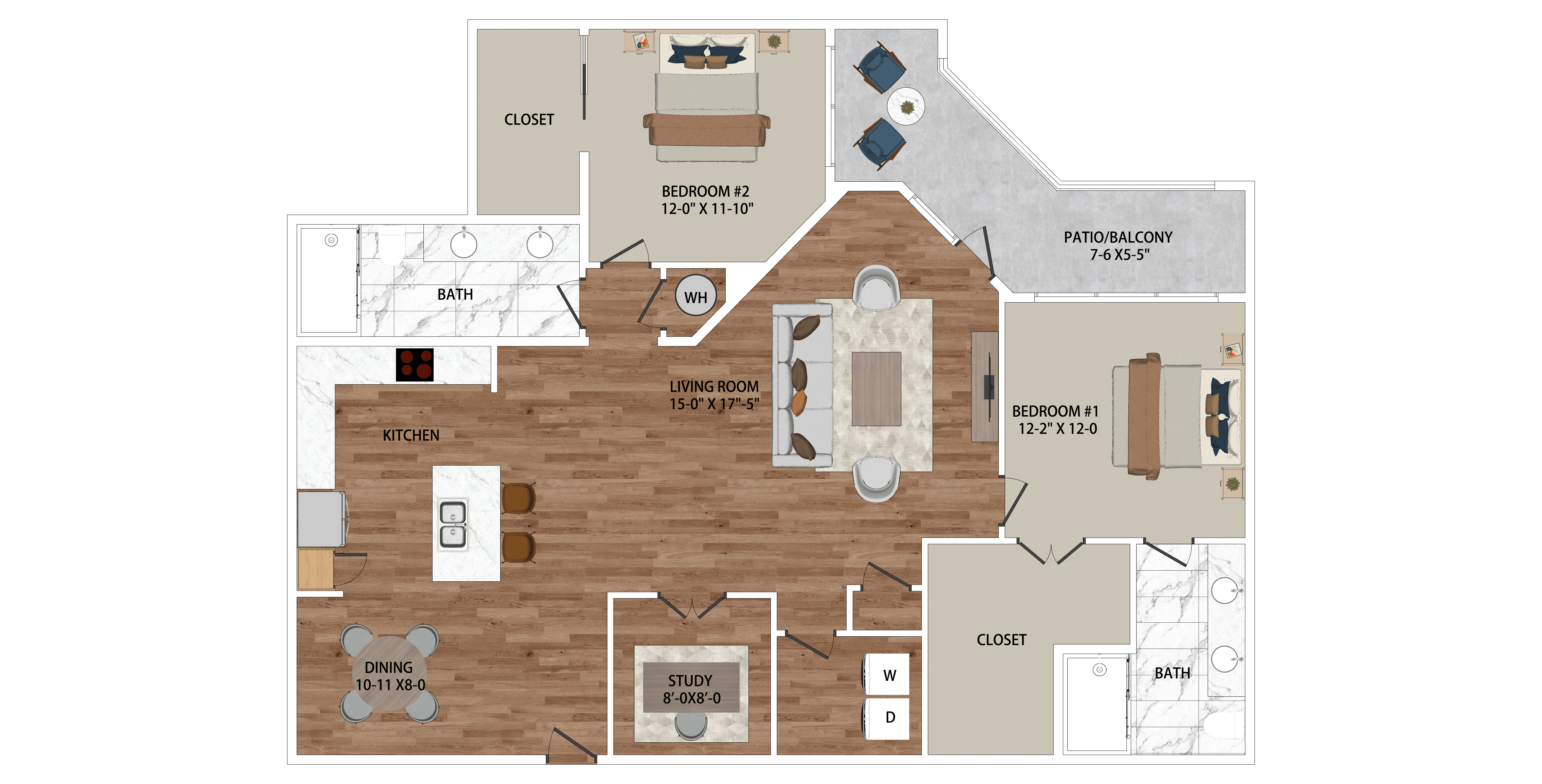 A floor plan of a house with a kitchen, dining room, living room, and two bedrooms.