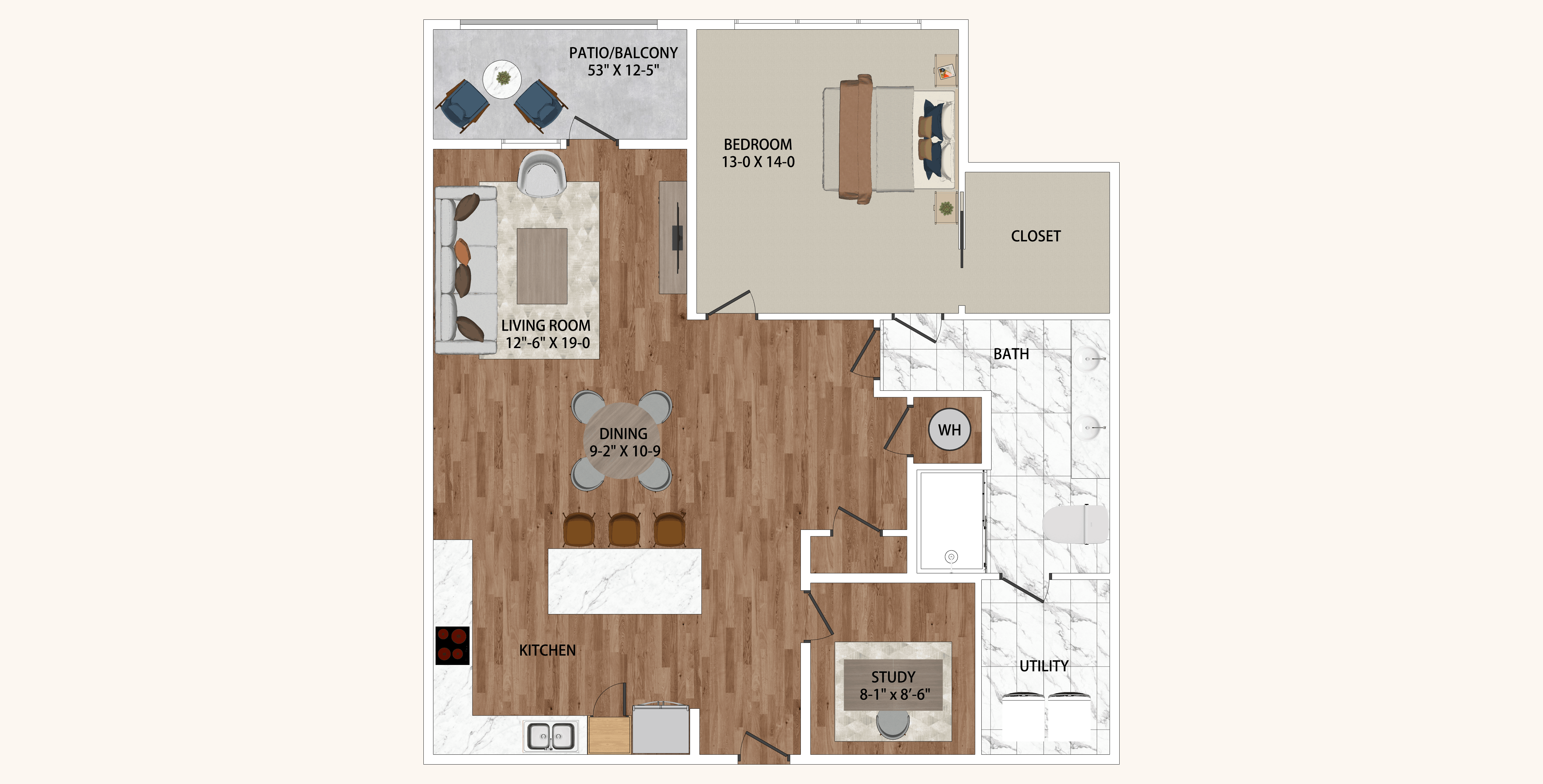 A floor plan of a house with a living room, kitchen, and bathroom.
