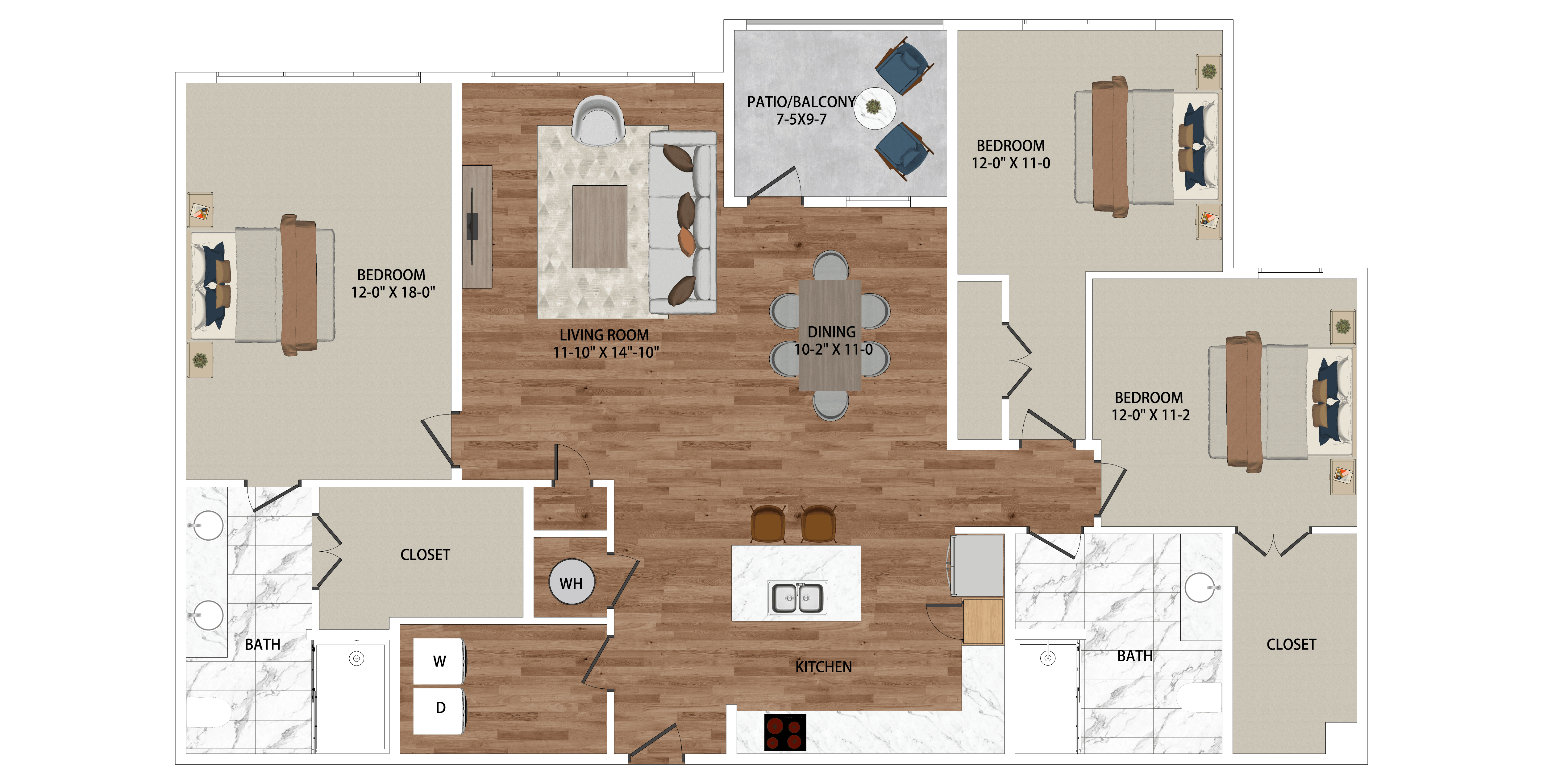 A floor plan of a house with a living room, dining room, kitchen, and bathrooms.