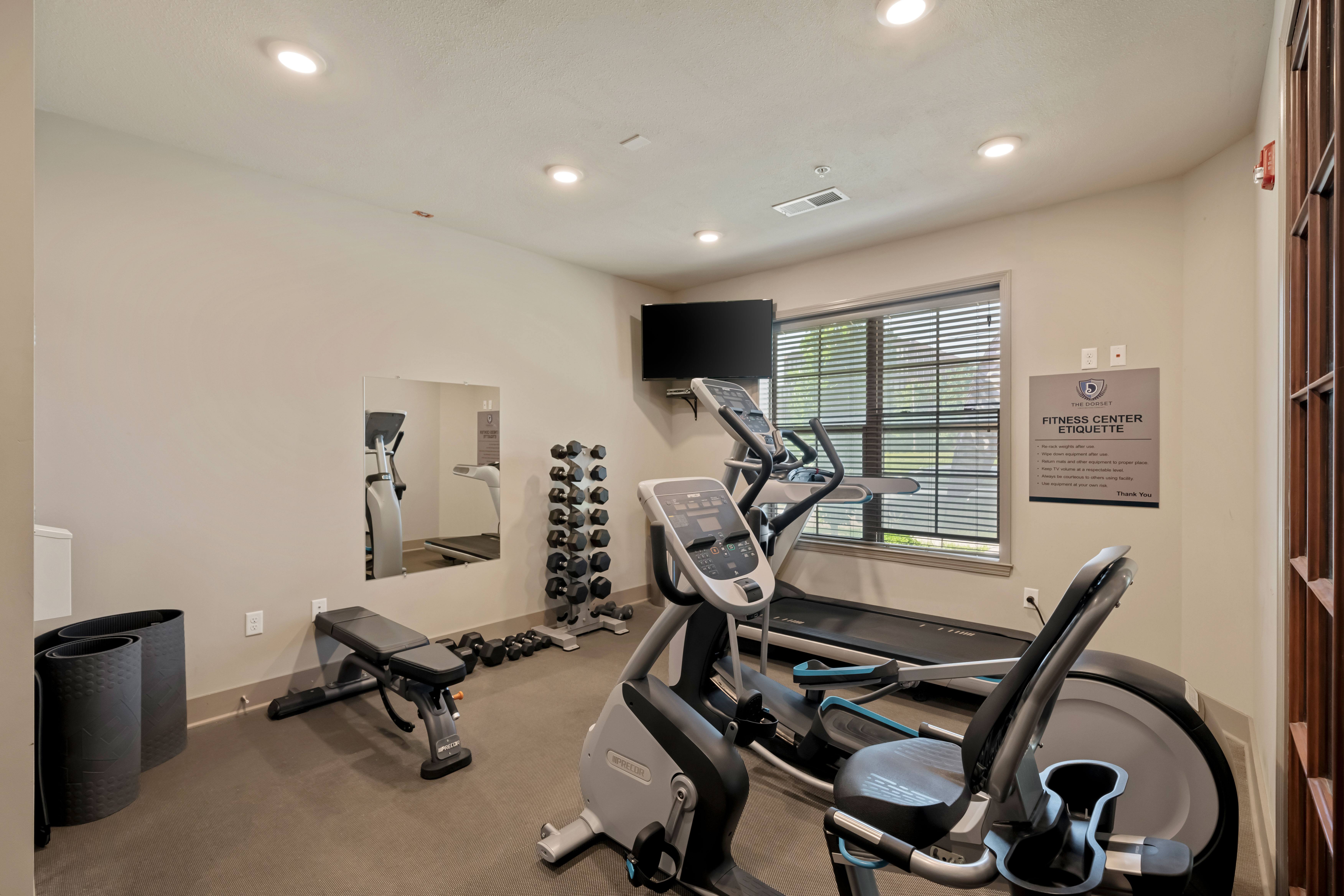 A gym with a treadmill, weights, and a mirror.