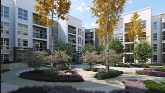 a rendering of an apartment complex with a courtyard and trees - Photo Gallery 3