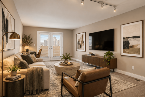 A living room with a brown chair and a grey couch.