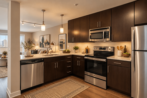 A modern kitchen with dark brown cabinets and stainless steel appliances.