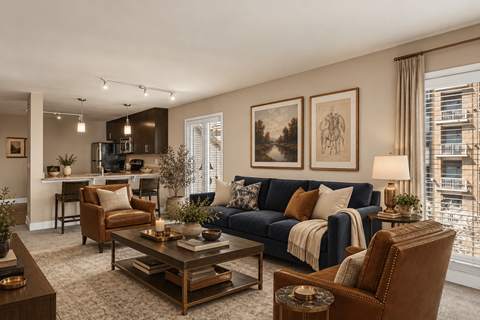 A living room with a blue couch and brown leather chairs.