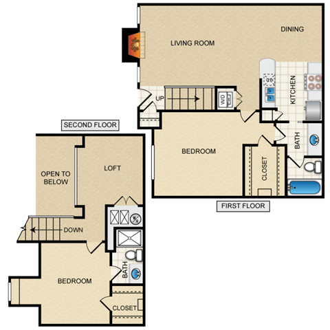 A diagram of a house layout with labeled rooms such as living room, dining, and kitchen.